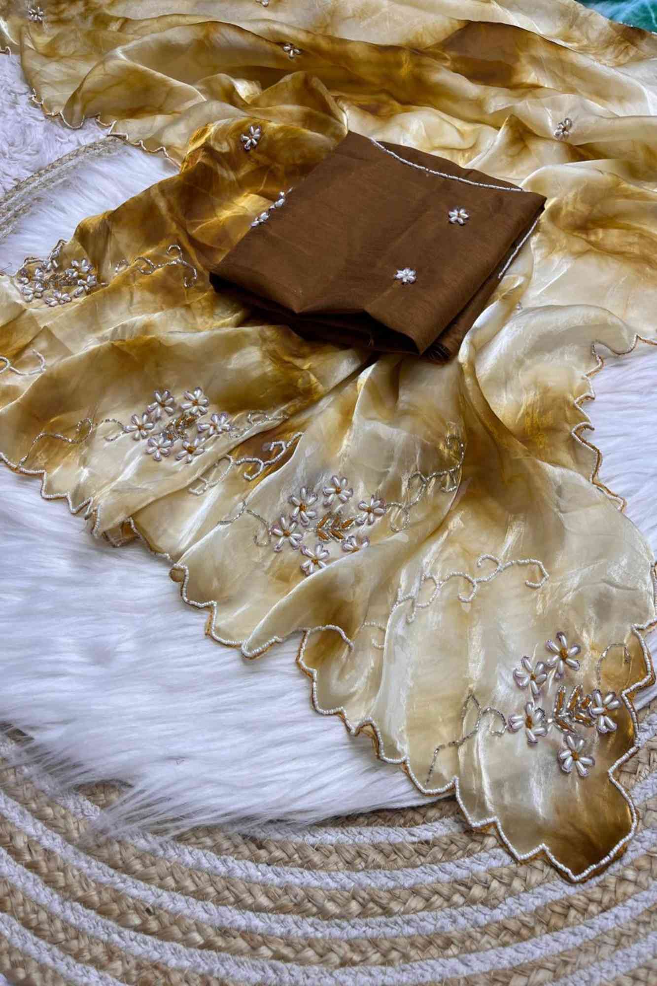 Golden-Brown Organza Embroidered with Scalloped Border Ready To Wear Saree