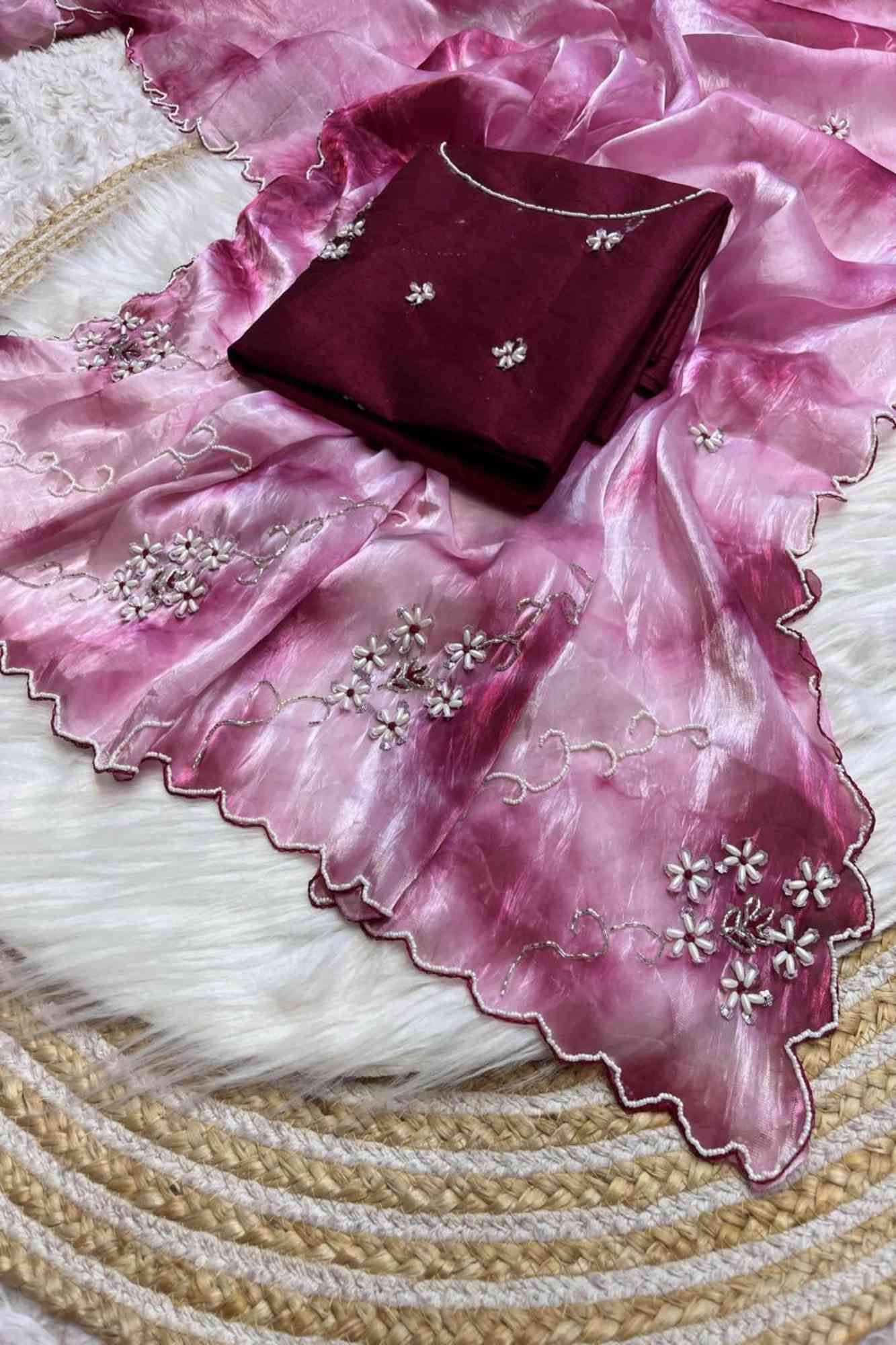 Organza Embroidered in Pink Tie-Dye Effect with Scalloped Border Ready To Wear Saree