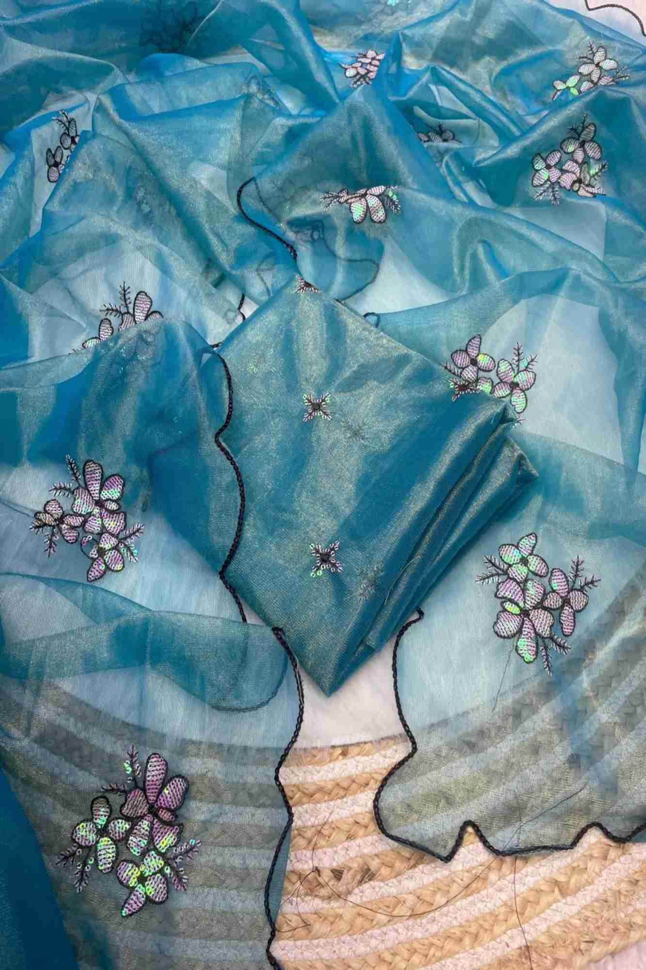 Sky Blue Jimi chu chiffon silk with Floral Embroidery Ready To Wear Saree