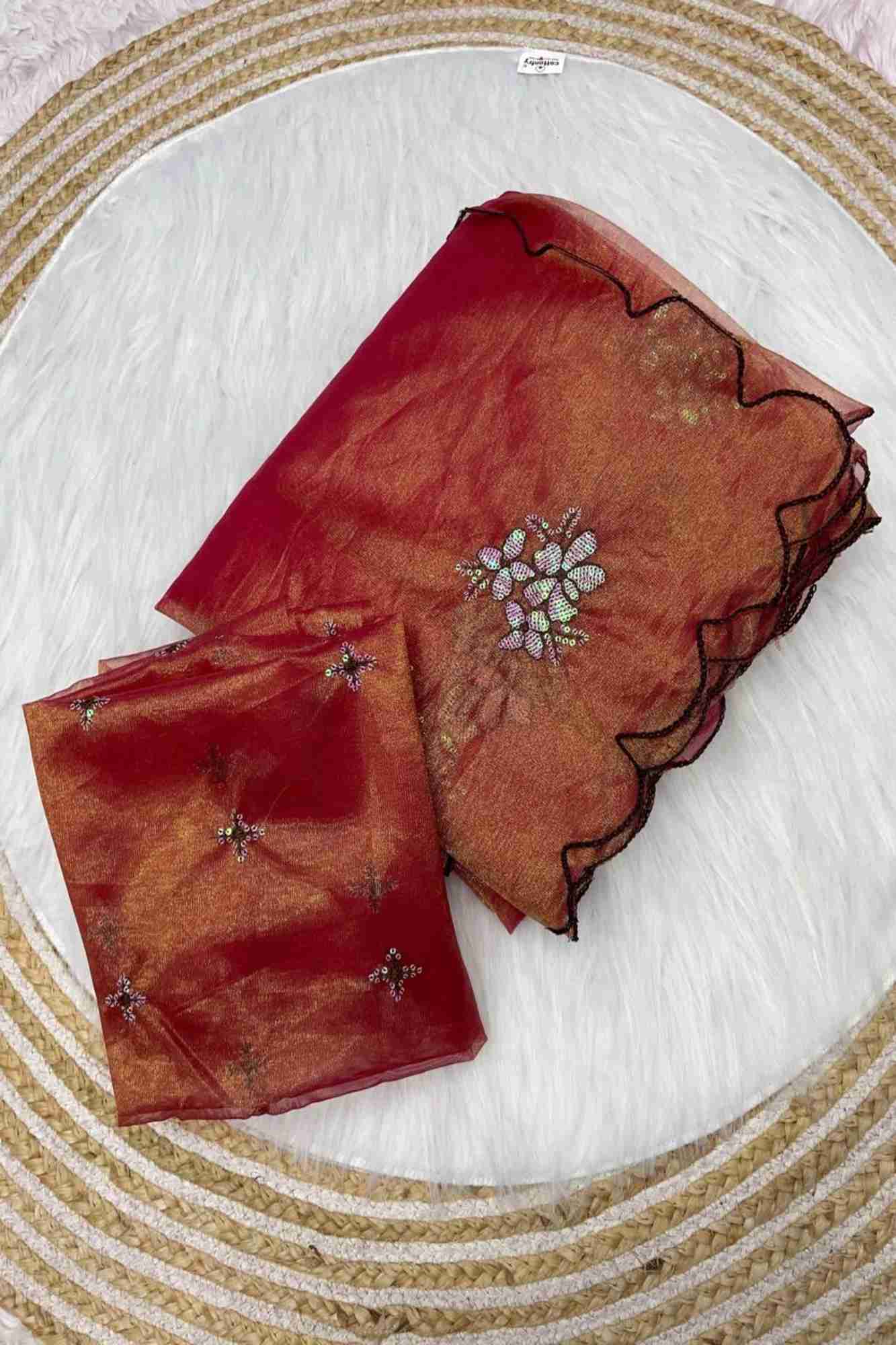 Orange Chiffon Silk Jimy Chu with Floral Embroiderysequinned Ready To Wear Saree