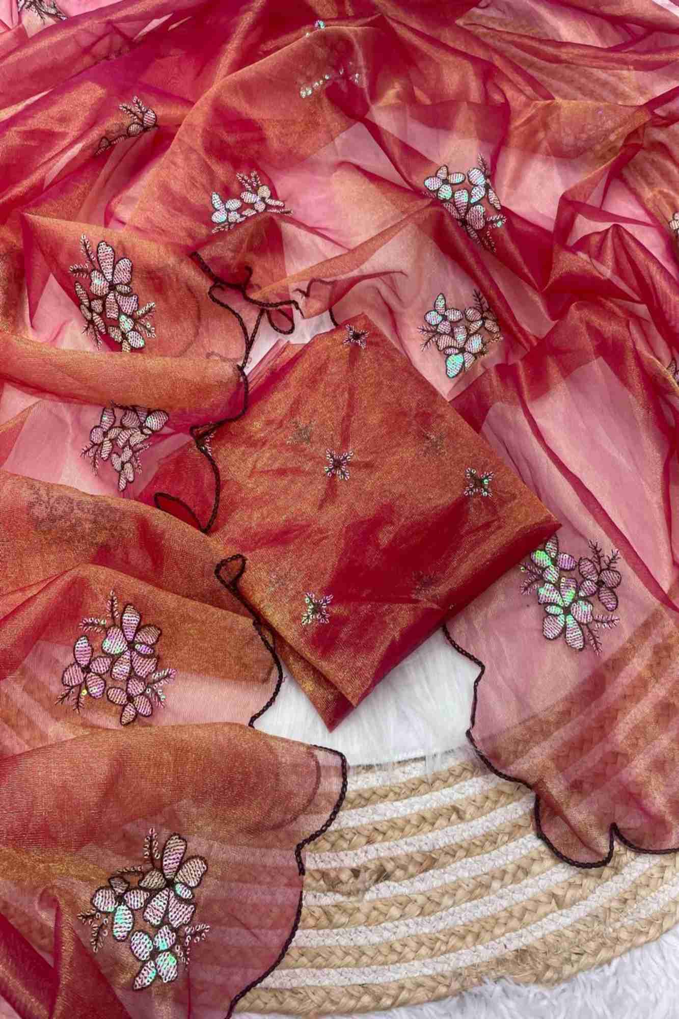 Orange Chiffon Silk Jimy Chu with Floral Embroiderysequinned Ready To Wear Saree