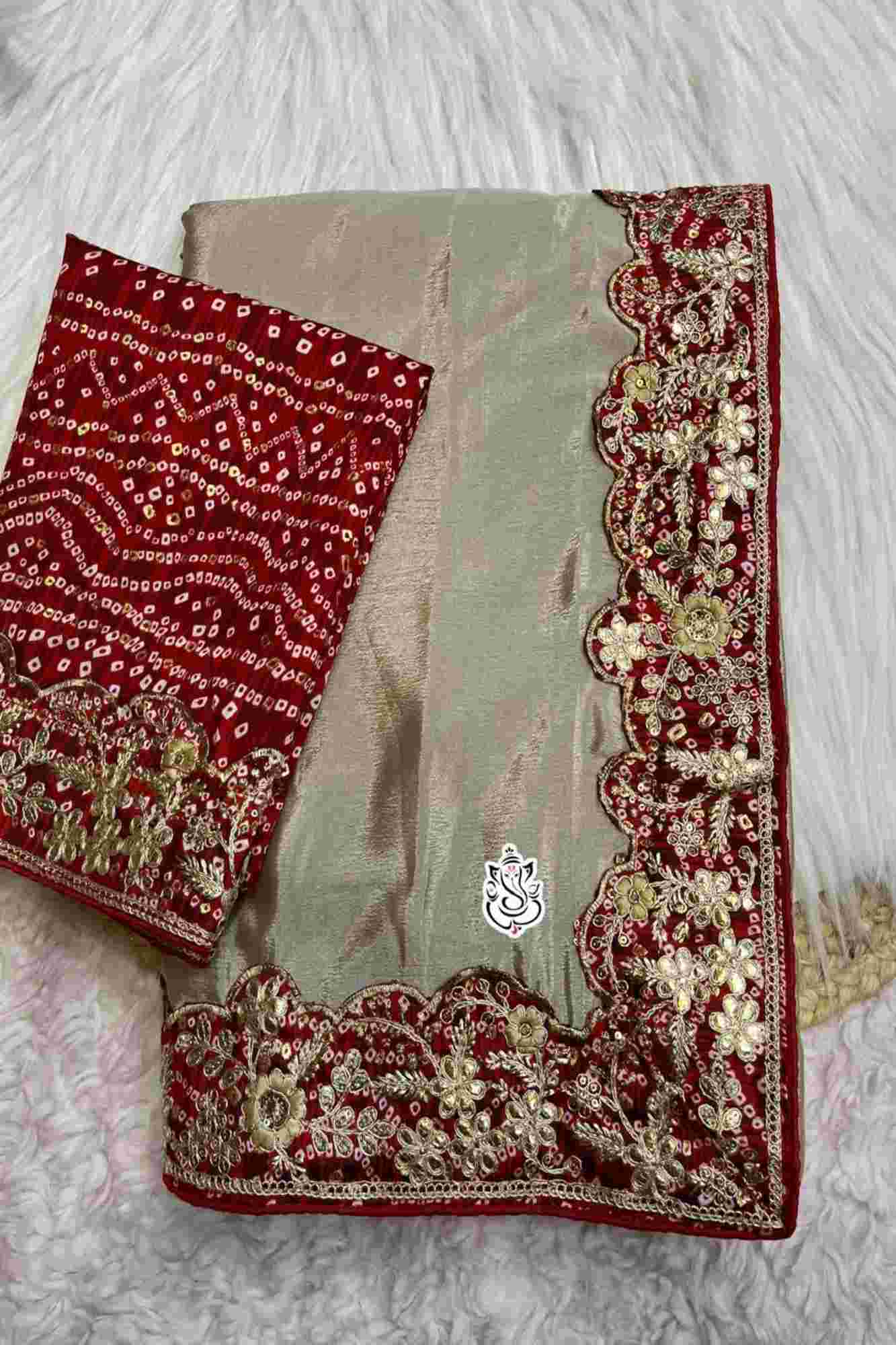 Chinon Silk in Light Beige with Red Border and Bandhej border with Gota Patti Ready To Wear Saree