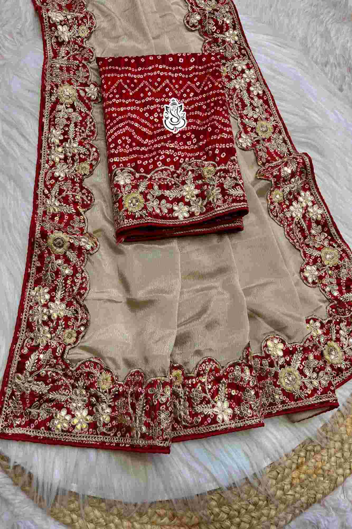 Chinon Silk in Light Beige with Red Border and Bandhej border with Gota Patti Ready To Wear Saree