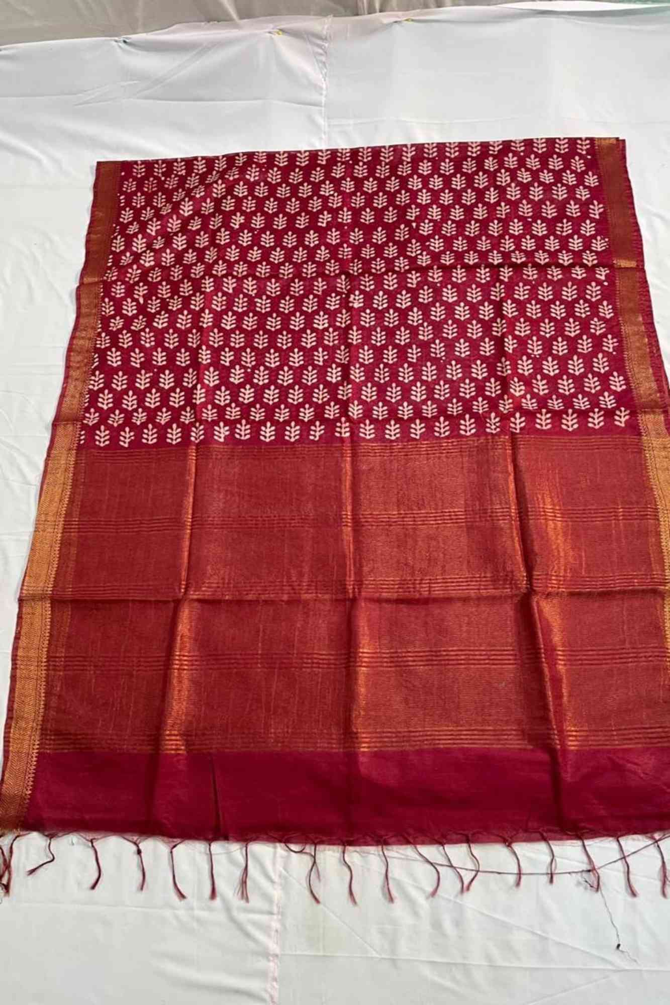 Red Kota Silk with Gold Zari Border & Tassels Ready To Wear Saree