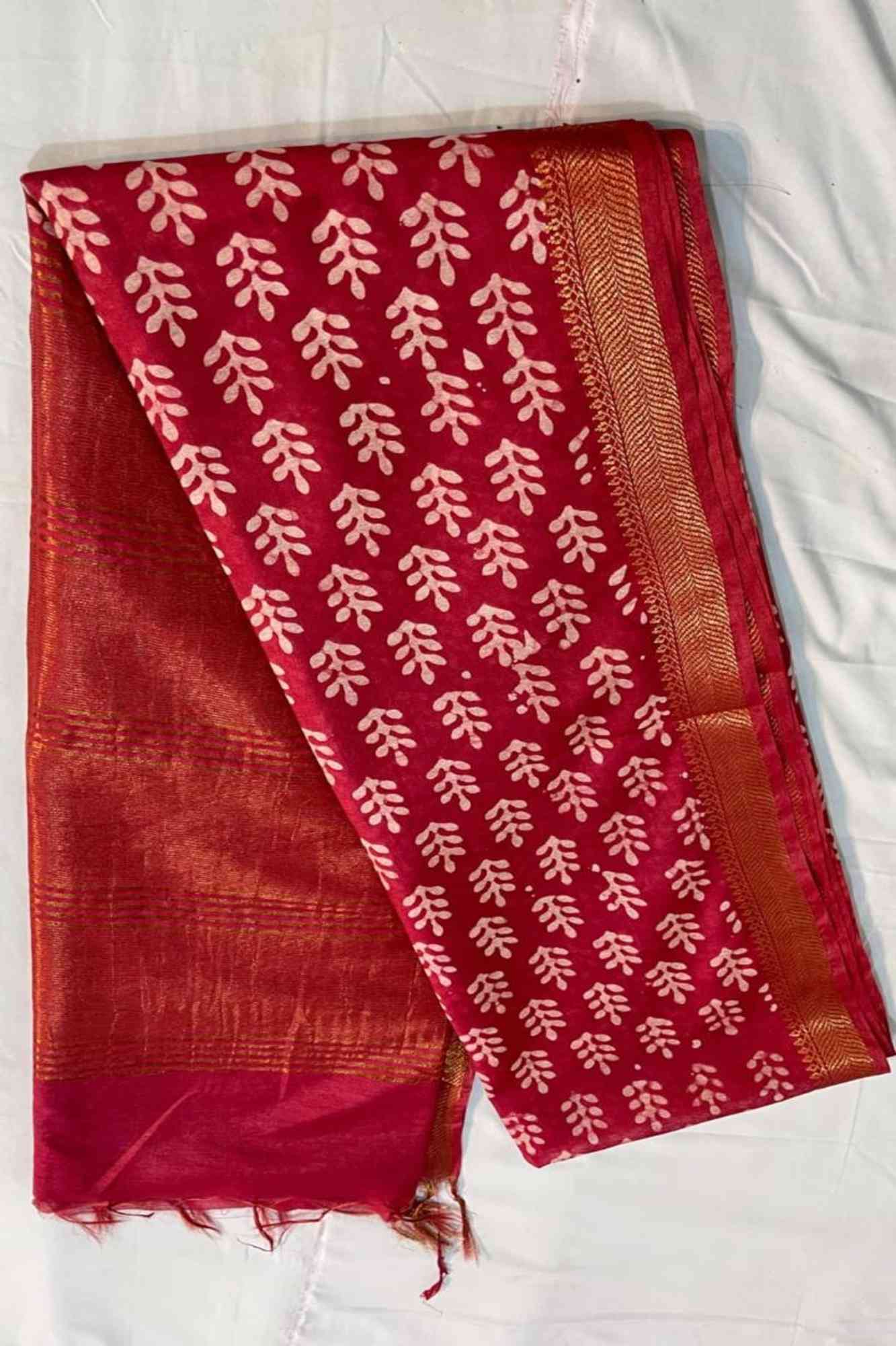 Red Kota Silk with Gold Zari Border & Tassels Ready To Wear Saree
