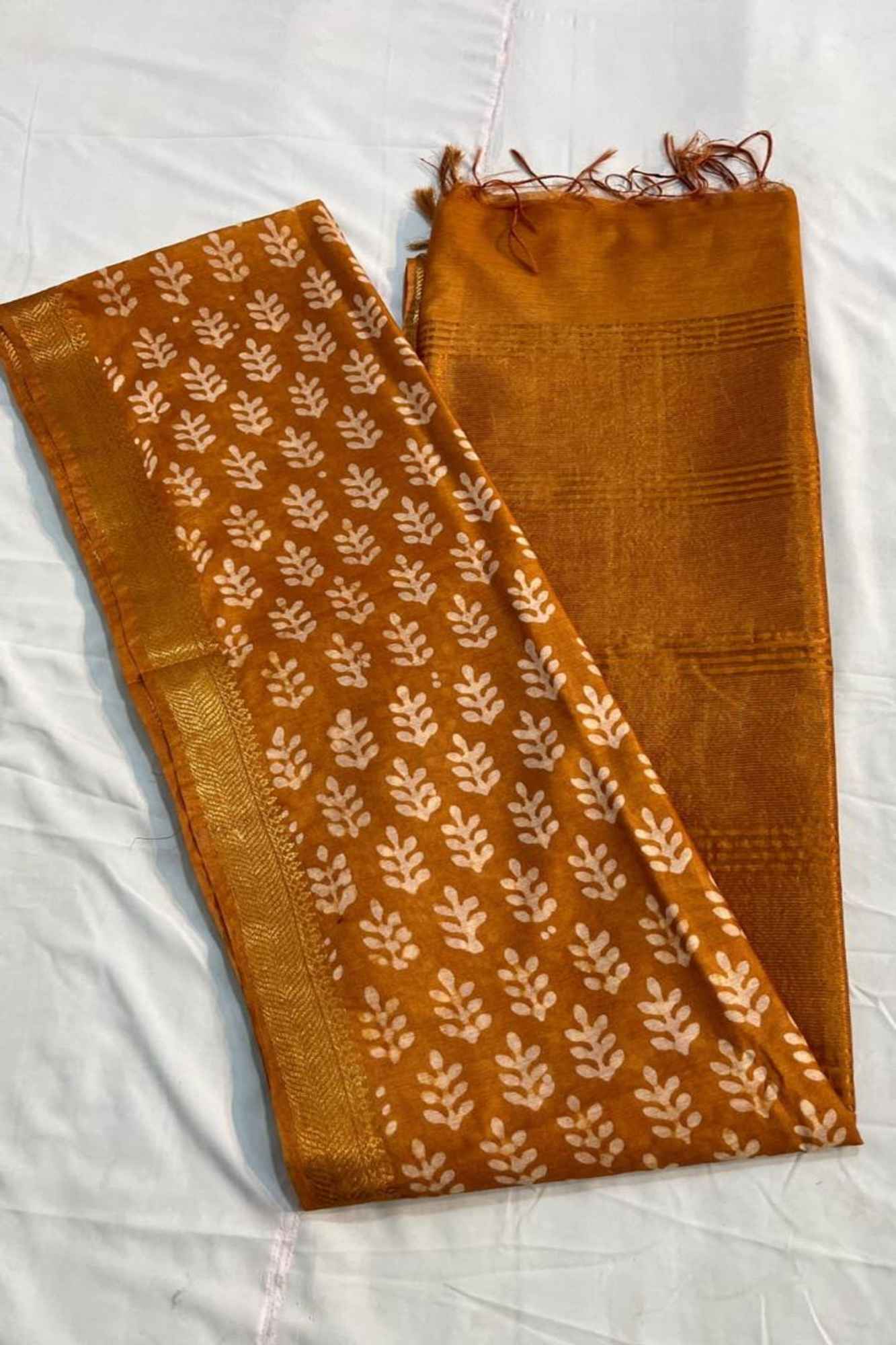 Kota Silk in Golden with Zari Border & Leaf Motifs Ready To Wear Saree