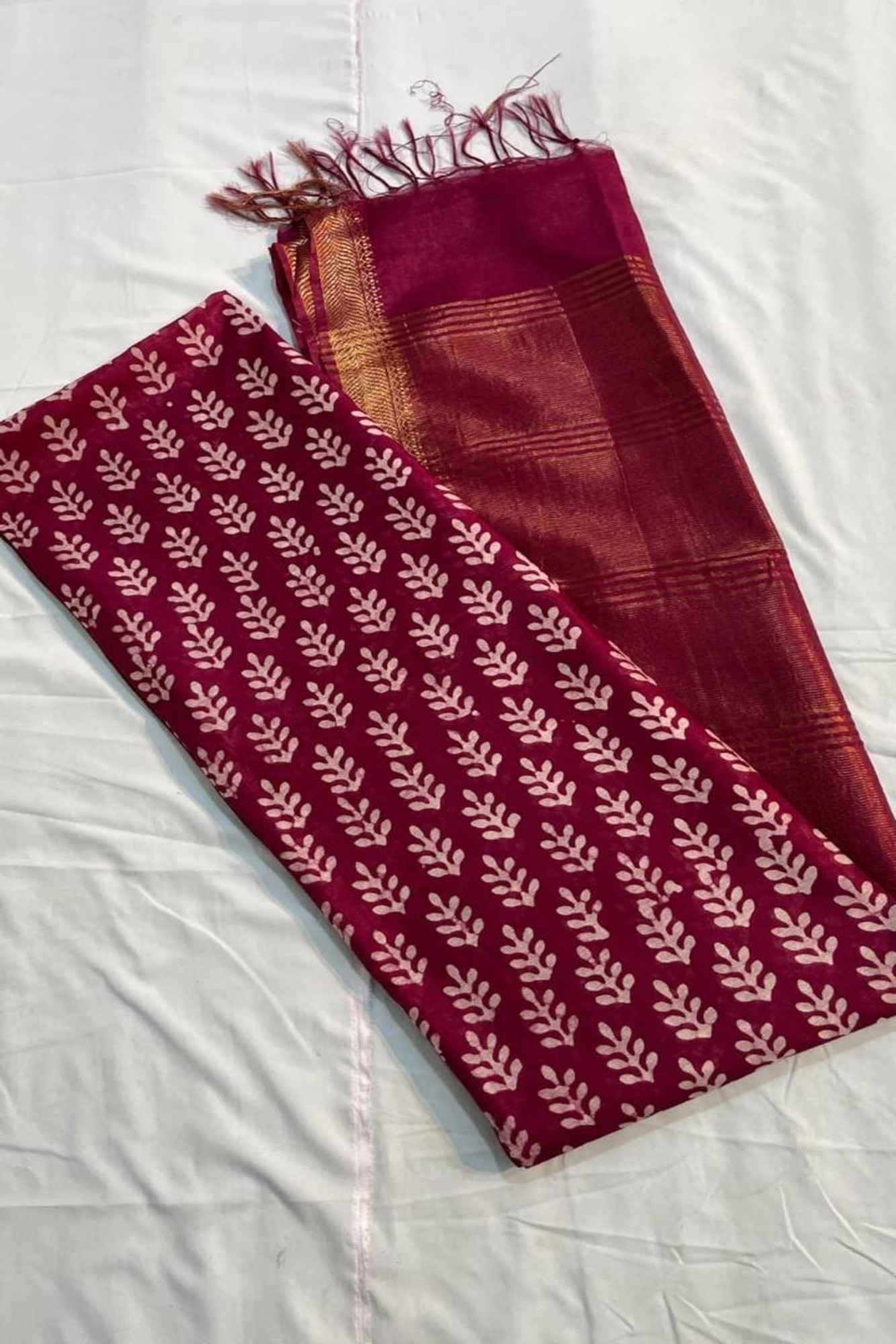 Kota Silk in Maroon with Zari Border & Leaf Motifs Ready To Wear Saree