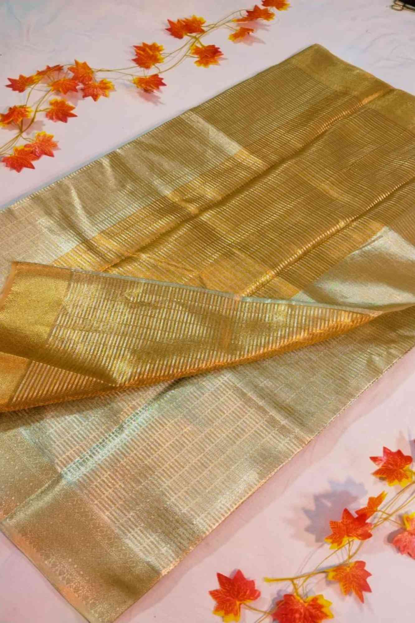Golden Soft Tissue Silk with Geometric Patterns & Decorative Border Ready To Wear Saree