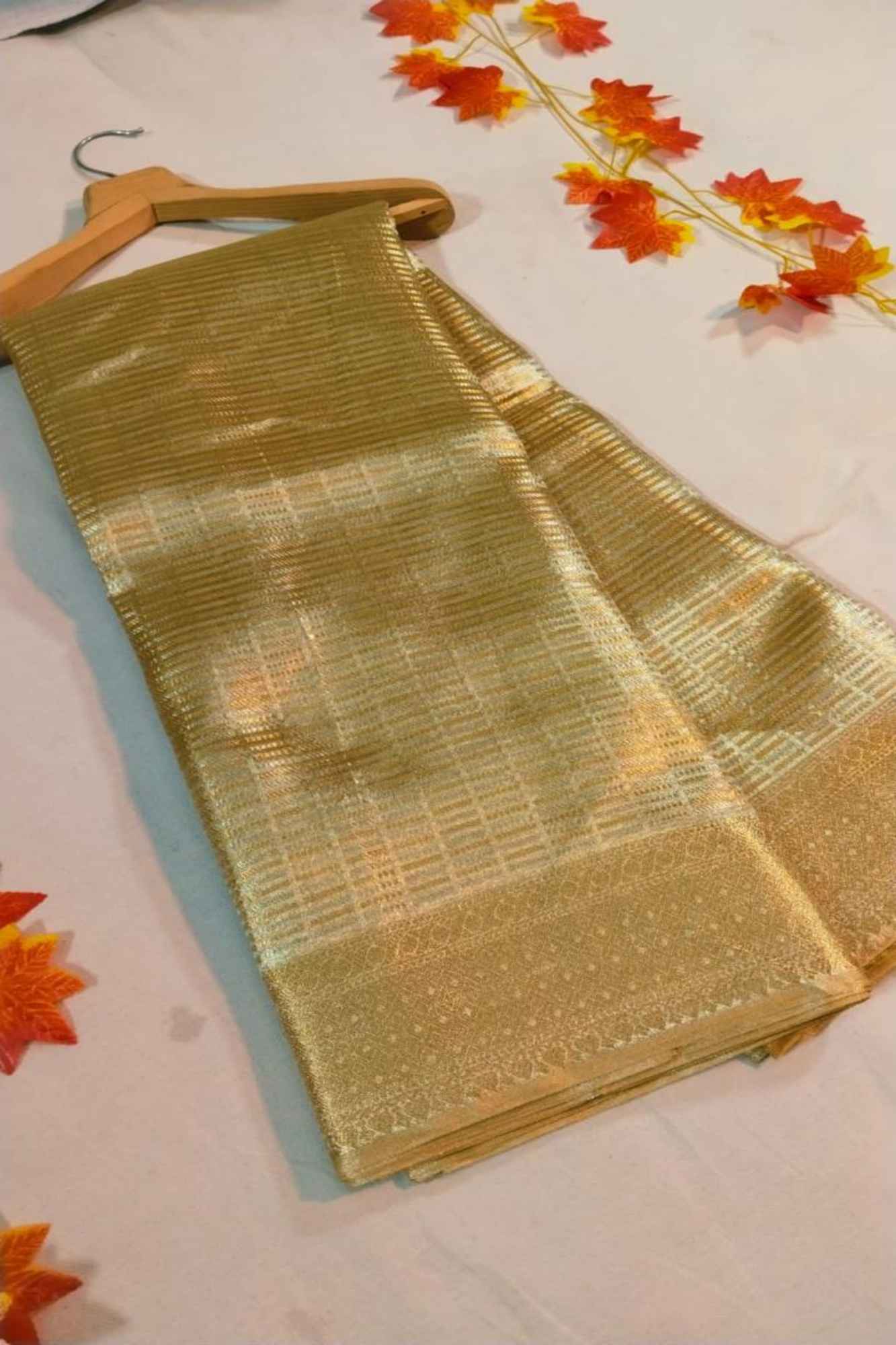 Golden Soft Tissue Silk with Geometric Patterns & Decorative Border Ready To Wear Saree