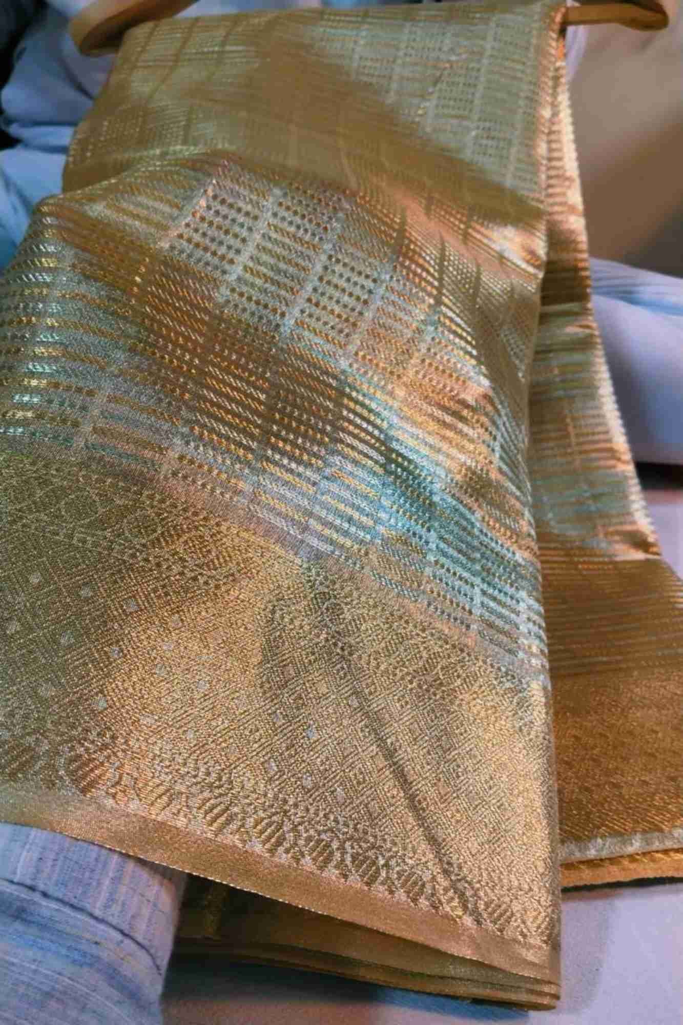 Golden Soft Tissue Silk with Geometric Patterns & Decorative Border Ready To Wear Saree