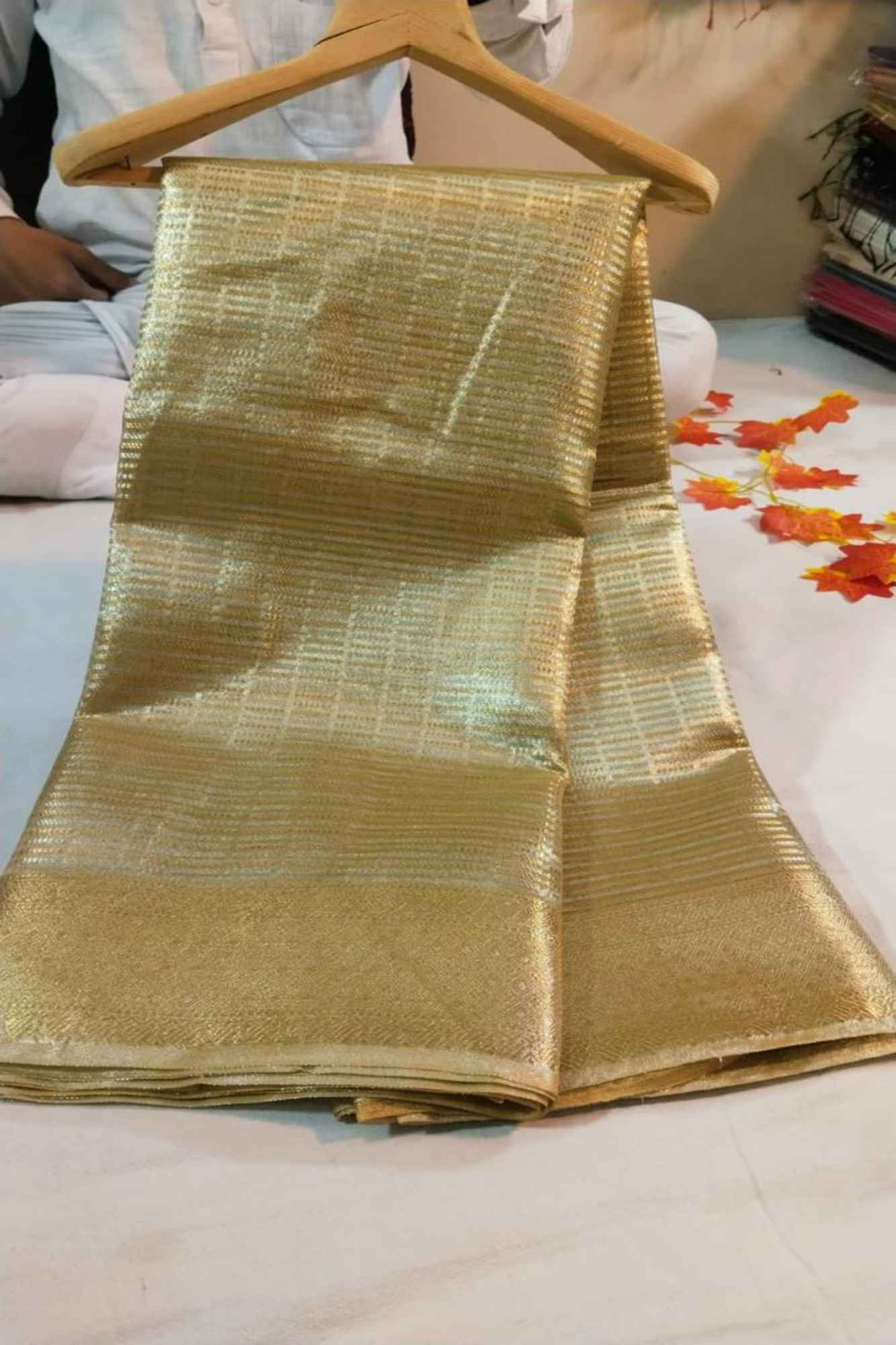 Golden Soft Tissue Silk with Geometric Patterns & Decorative Border Ready To Wear Saree