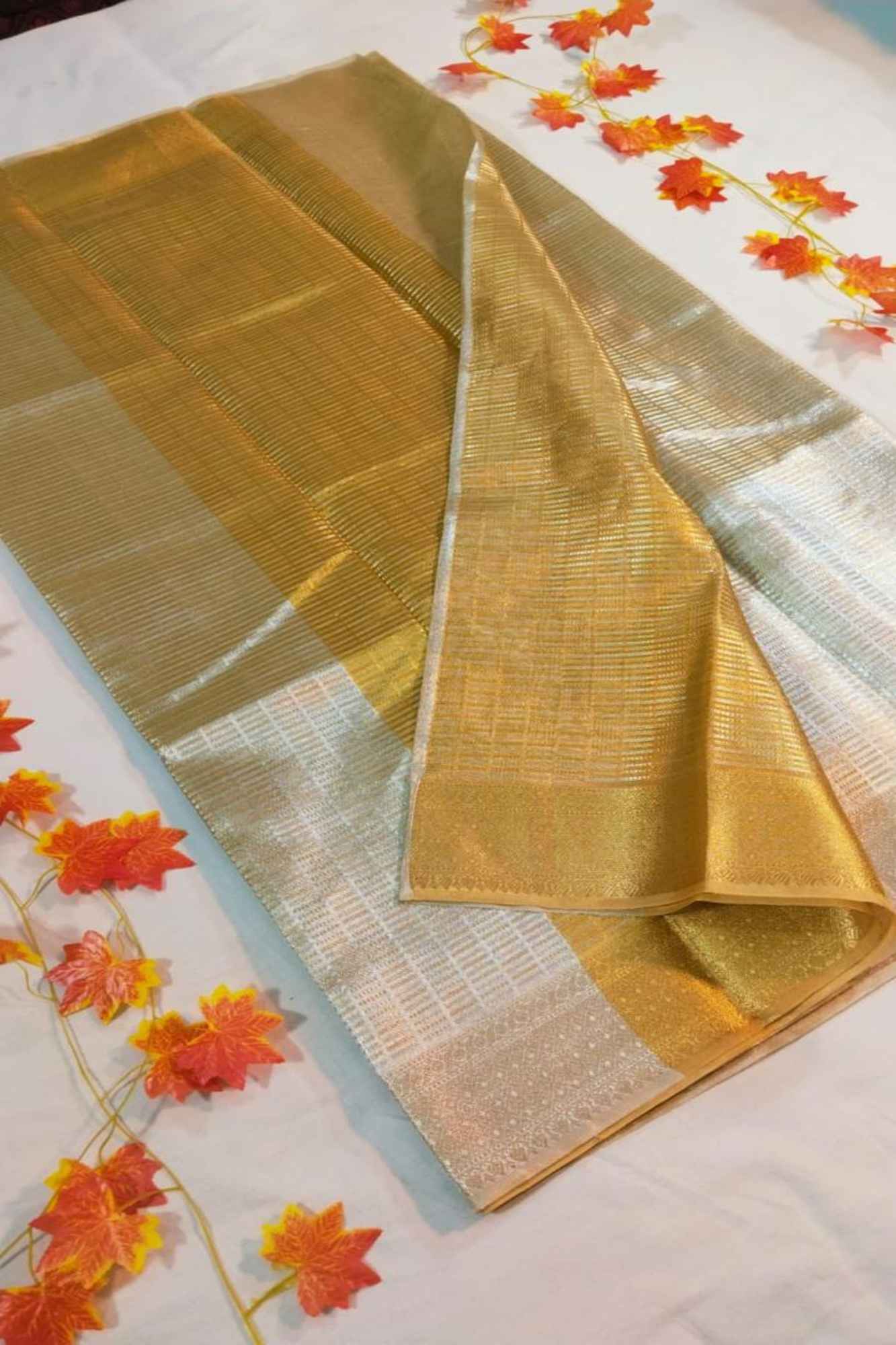 Golden Soft Tissue Silk with Geometric Patterns & Decorative Border Ready To Wear Saree