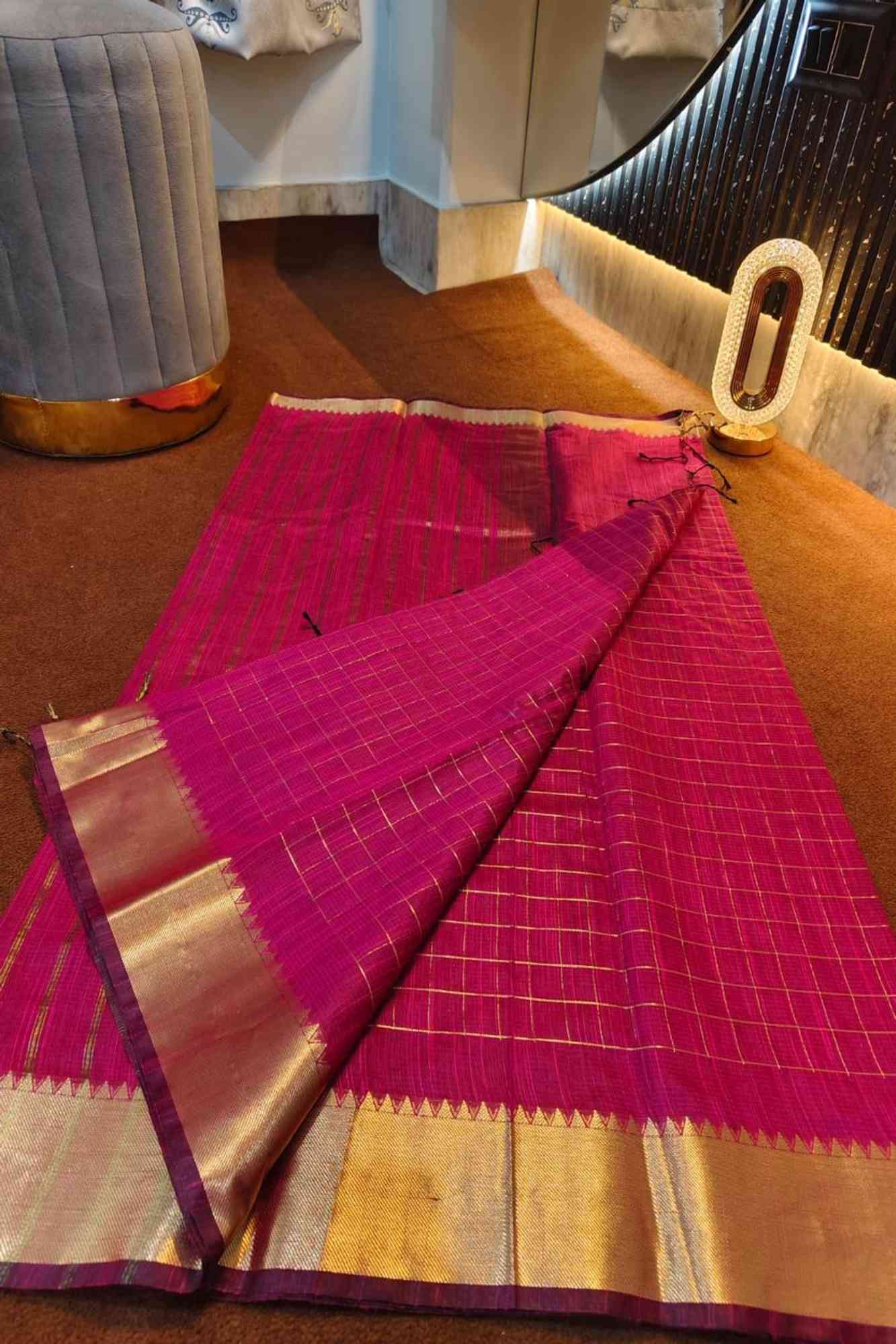 Pink Cotton with Check Pattern and Golden Zari Border Ready To Wear Saree