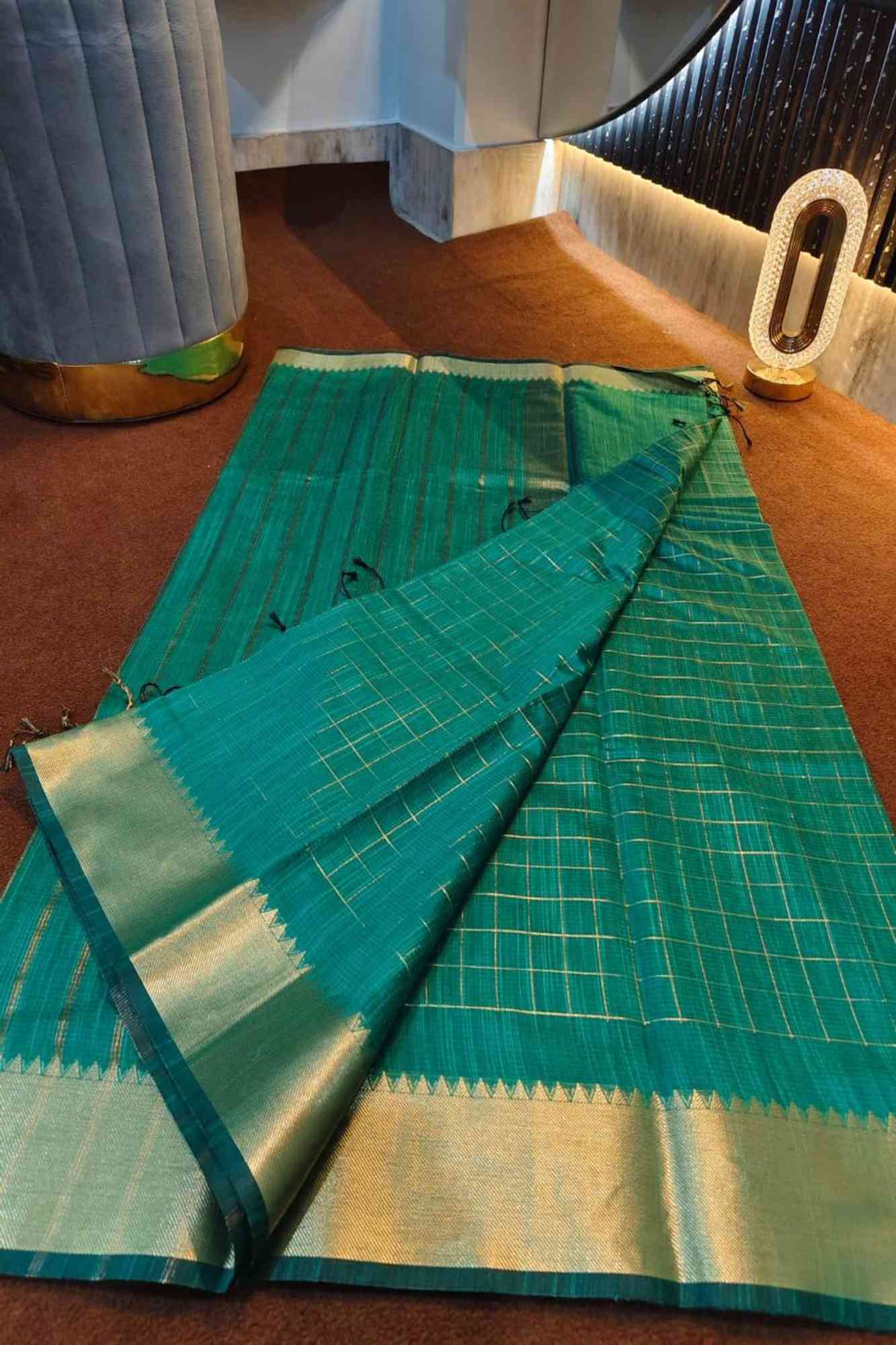 Cotton with Check Pattern and Golden Zari Border Ready To Wear Saree