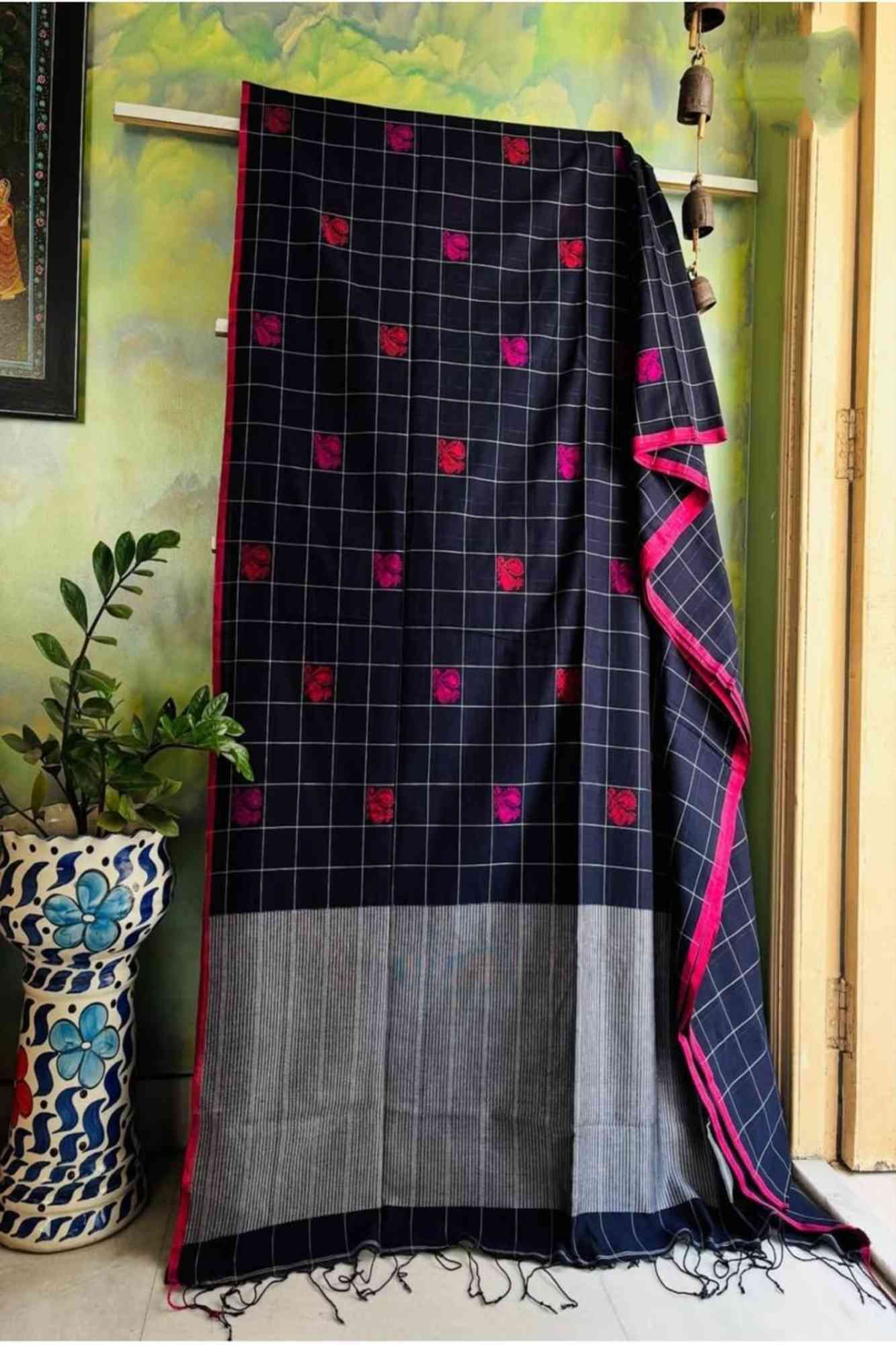 Mercerized Cotton Black with Pink Floral Buti & Striped Border Ready To Wear Saree