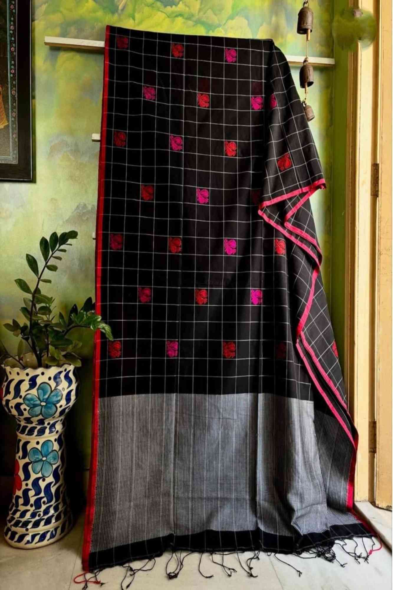 Mercerized Cotton Black with Pink Floral Buti & Striped Border Ready To Wear Saree