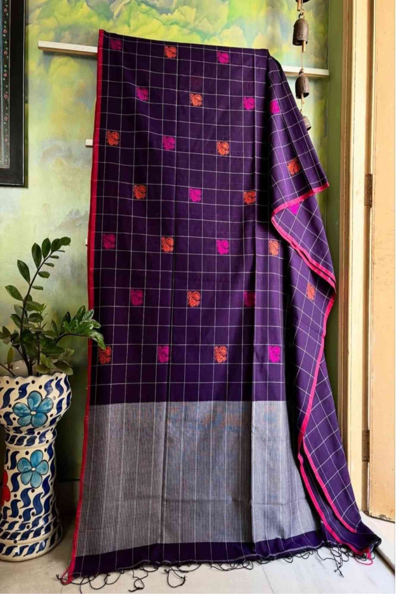 Mercerized Cotton Purple with Floral Buti & Striped Border Ready To wear Saree