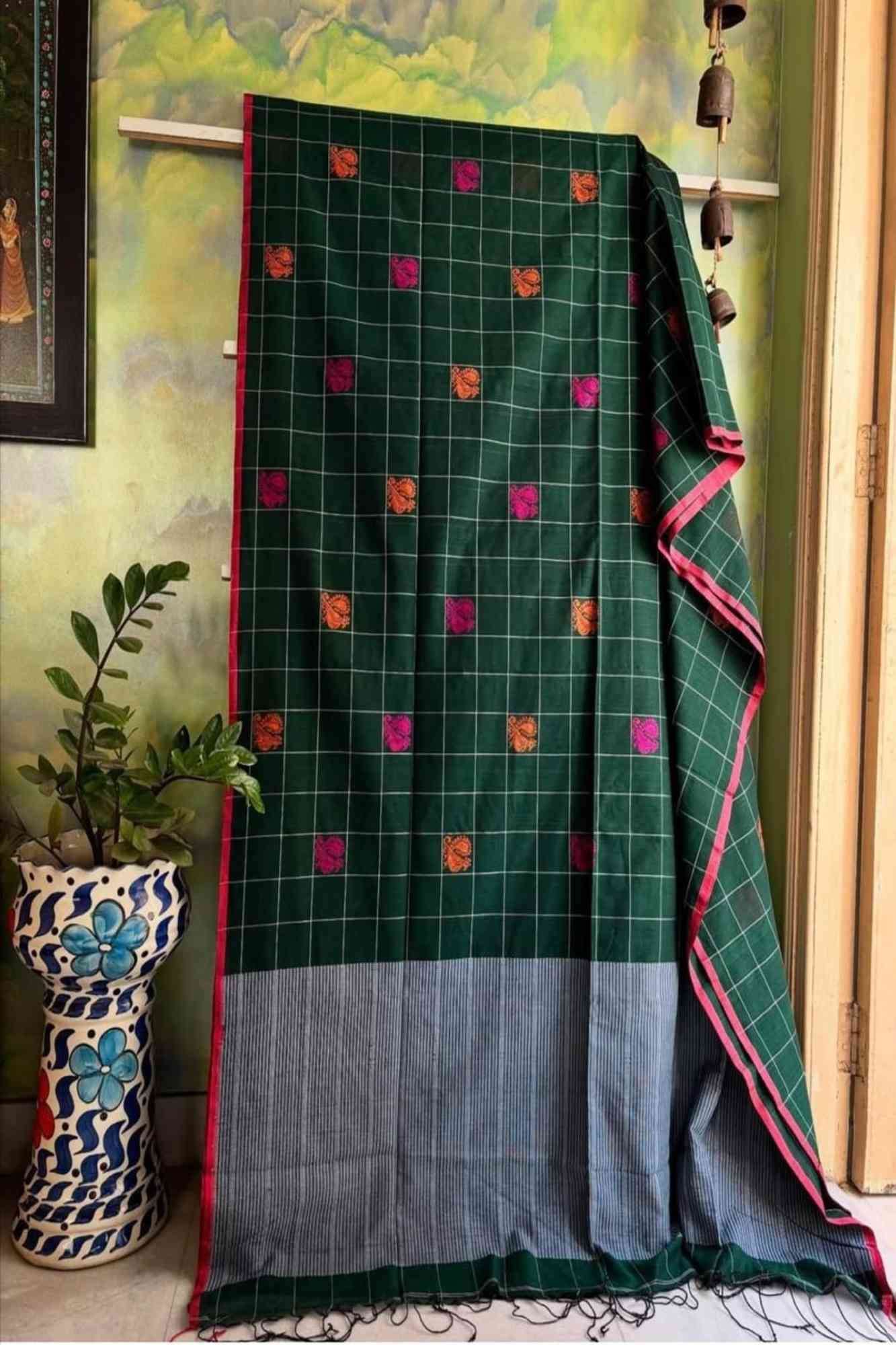 Mercerized Cotton Dark Green with Pink Floral Buti & Striped Border Ready To Wear Saree