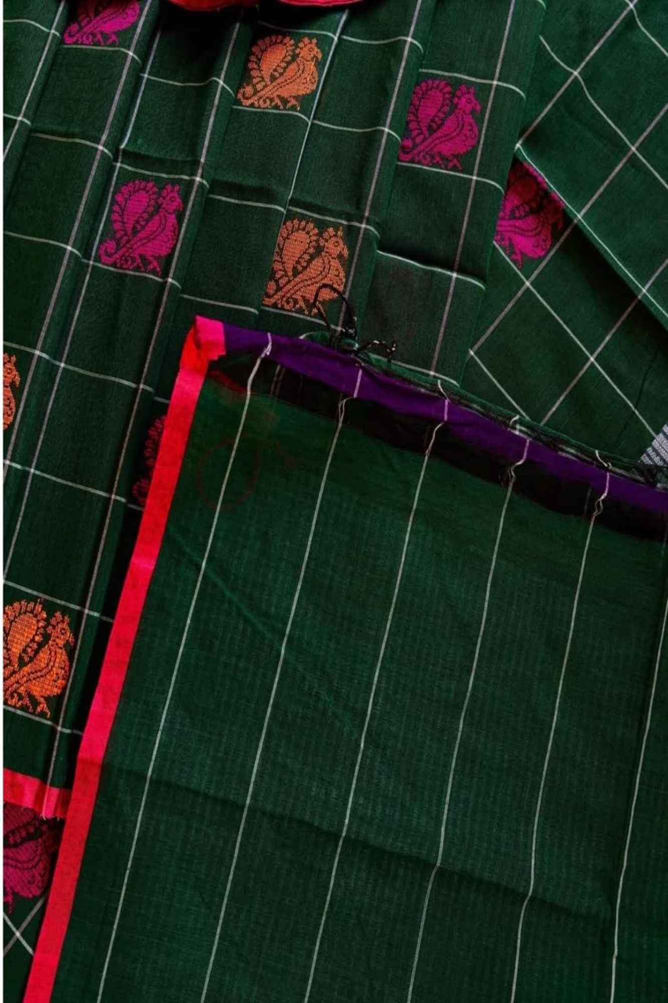 Mercerized Cotton Dark Green with Pink Floral Buti & Striped Border Ready To Wear Saree