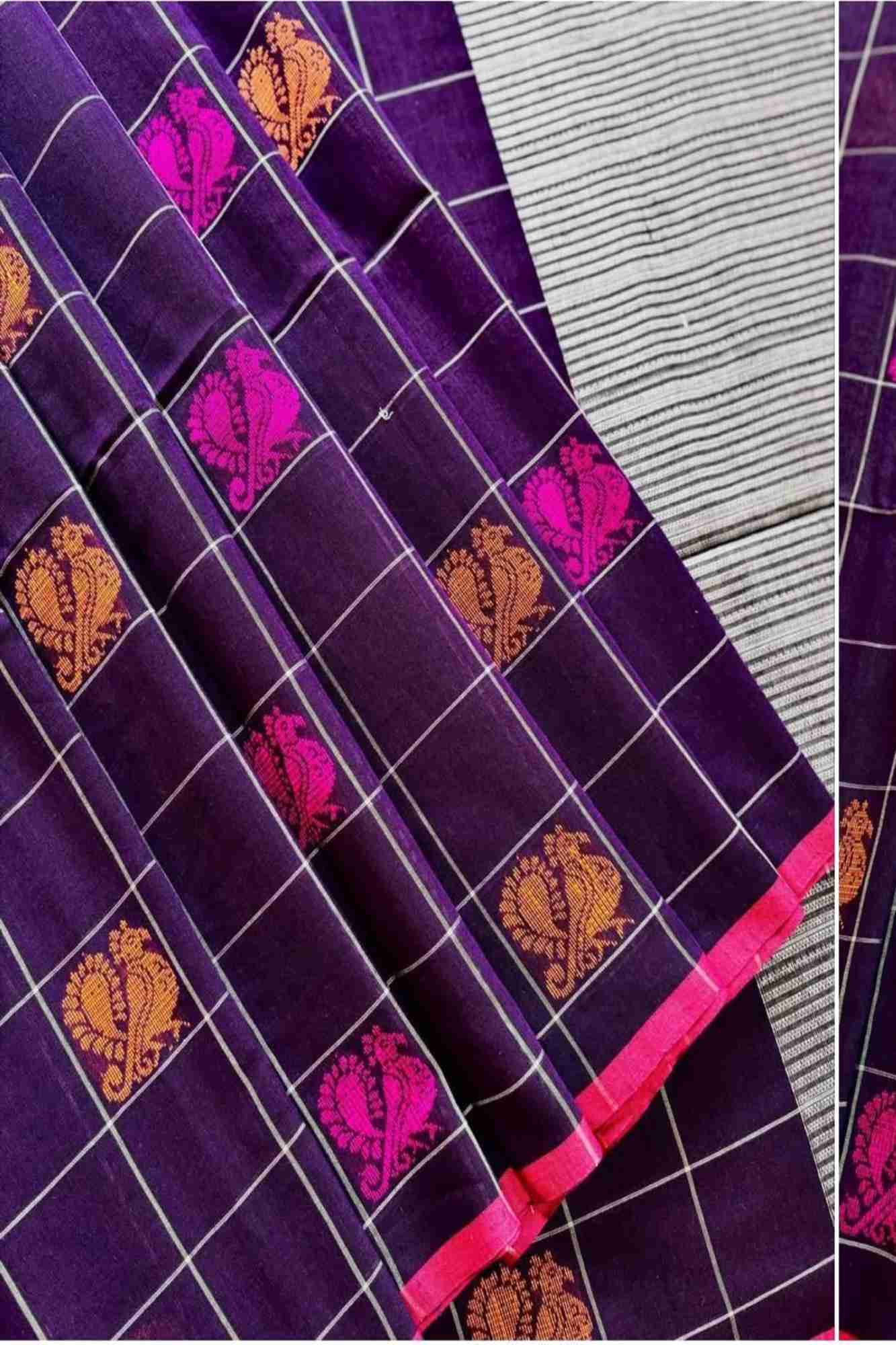 Mercerized Cotton Purple with Floral Buti & Striped Border Ready To wear Saree
