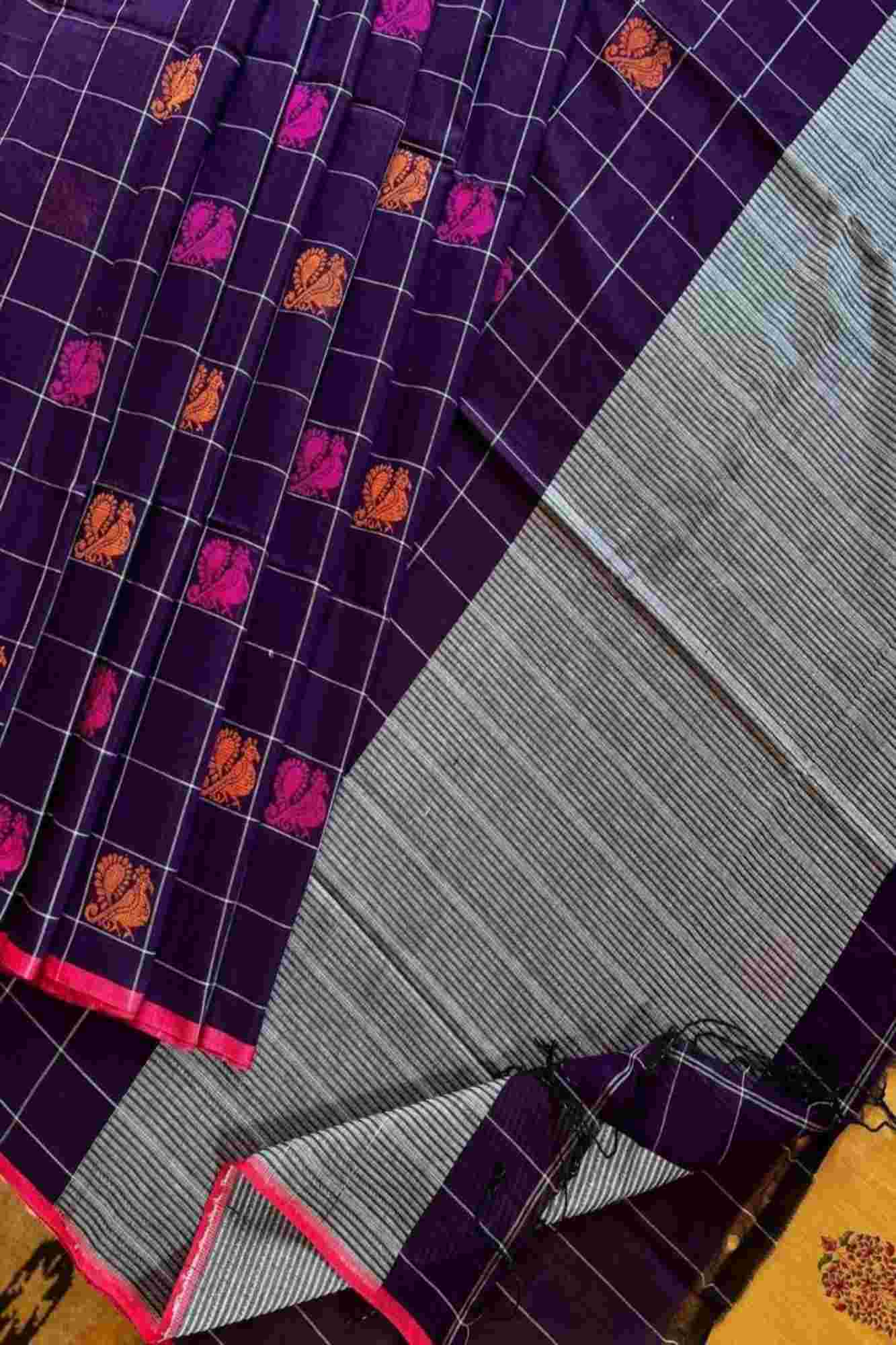 Mercerized Cotton Purple with Floral Buti & Striped Border Ready To wear Saree