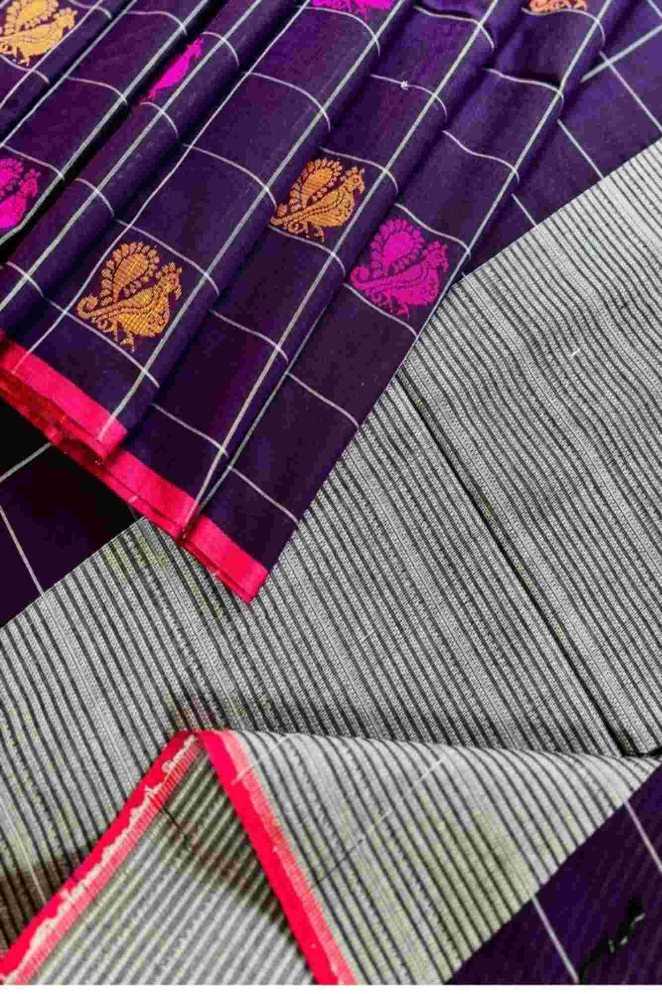 Mercerized Cotton Purple with Floral Buti & Striped Border Ready To wear Saree