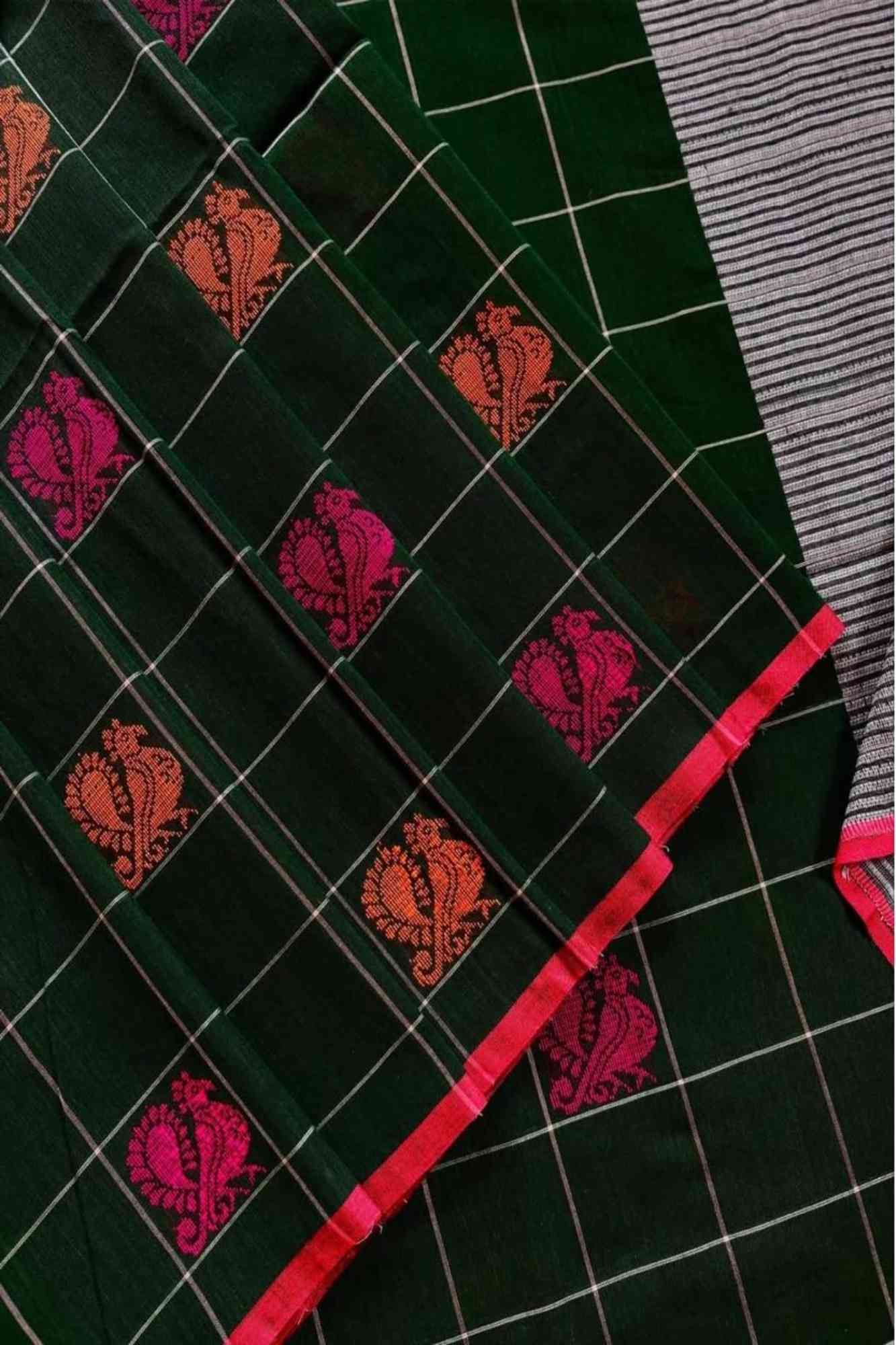 Mercerized Cotton Dark Green with Pink Floral Buti & Striped Border Ready To Wear Saree