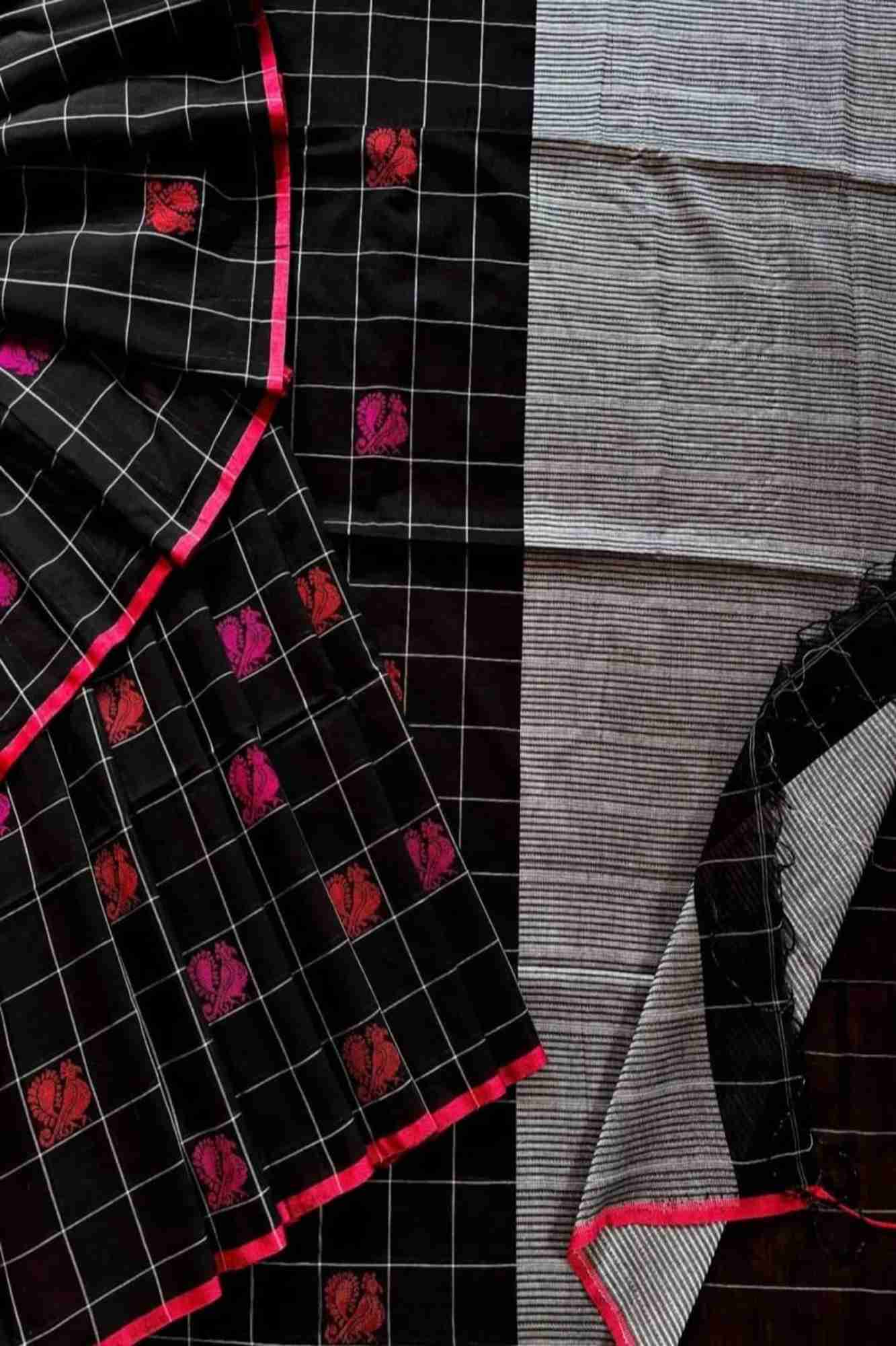 Mercerized Cotton Black with Pink Floral Buti & Striped Border Ready To Wear Saree