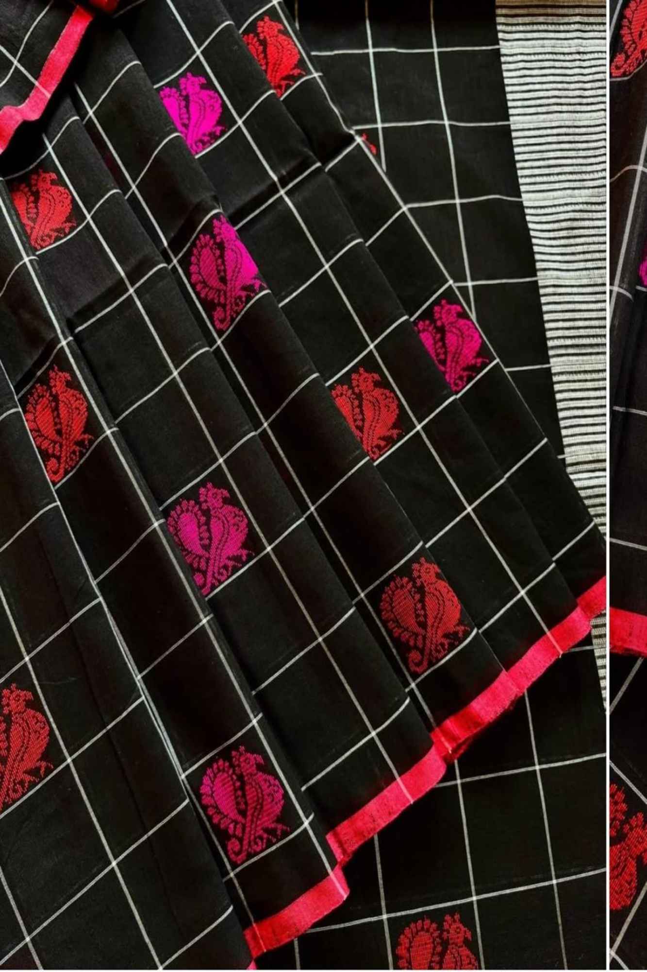 Mercerized Cotton Black with Pink Floral Buti & Striped Border Ready To Wear Saree