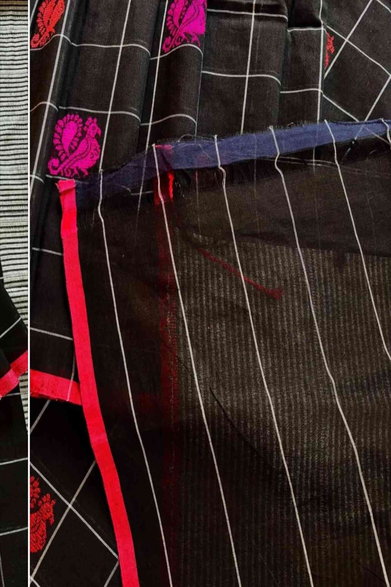 Mercerized Cotton Black with Pink Floral Buti & Striped Border Ready To Wear Saree