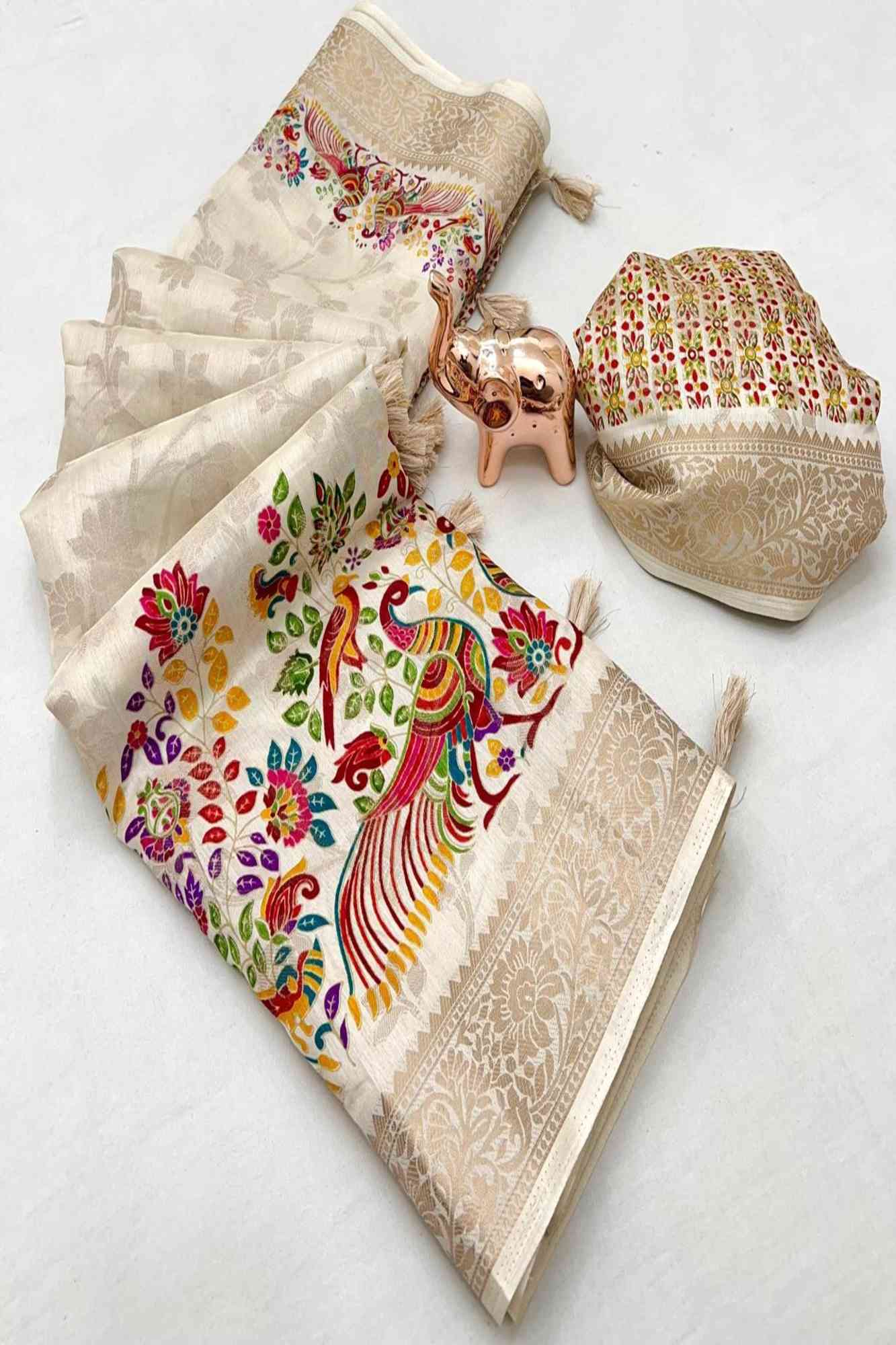 Tussar Inspired Silk with Zari Border & Heritage Motifs Ready To Wear Saree