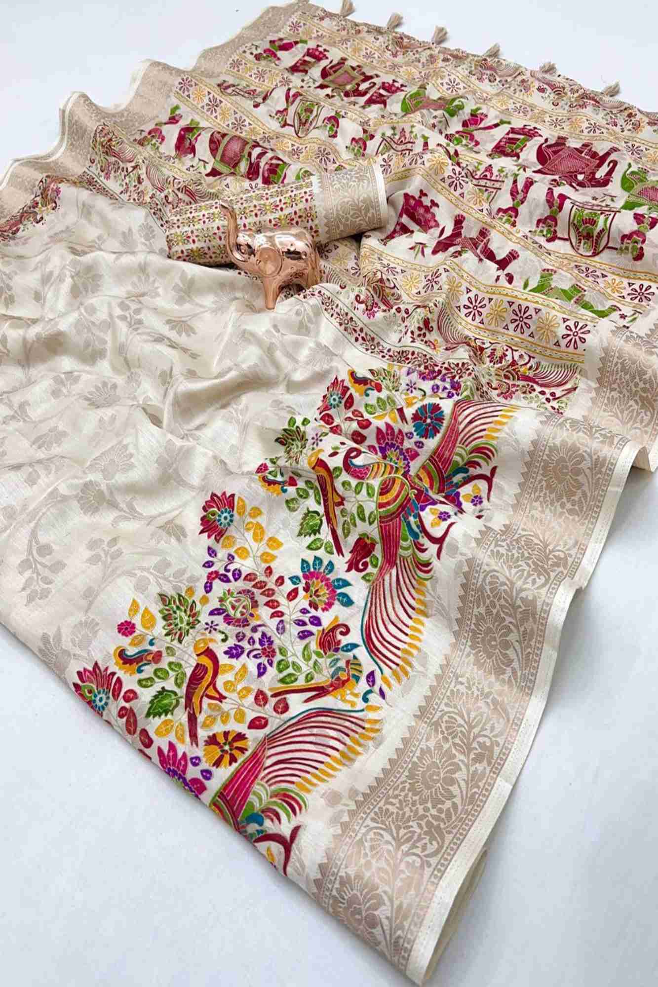 Tussar Inspired Silk with Zari Border & Heritage Motifs Ready To Wear Saree