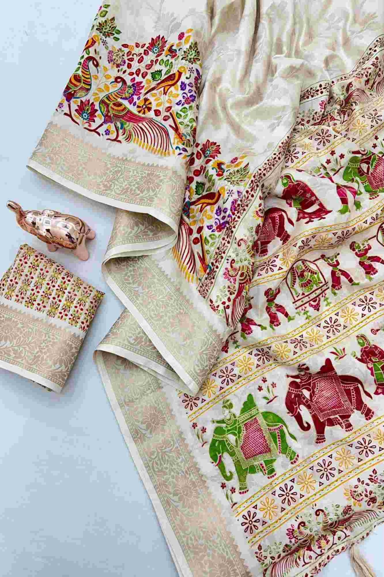 Tussar Inspired Silk with Zari Border & Heritage Motifs Ready To Wear Saree