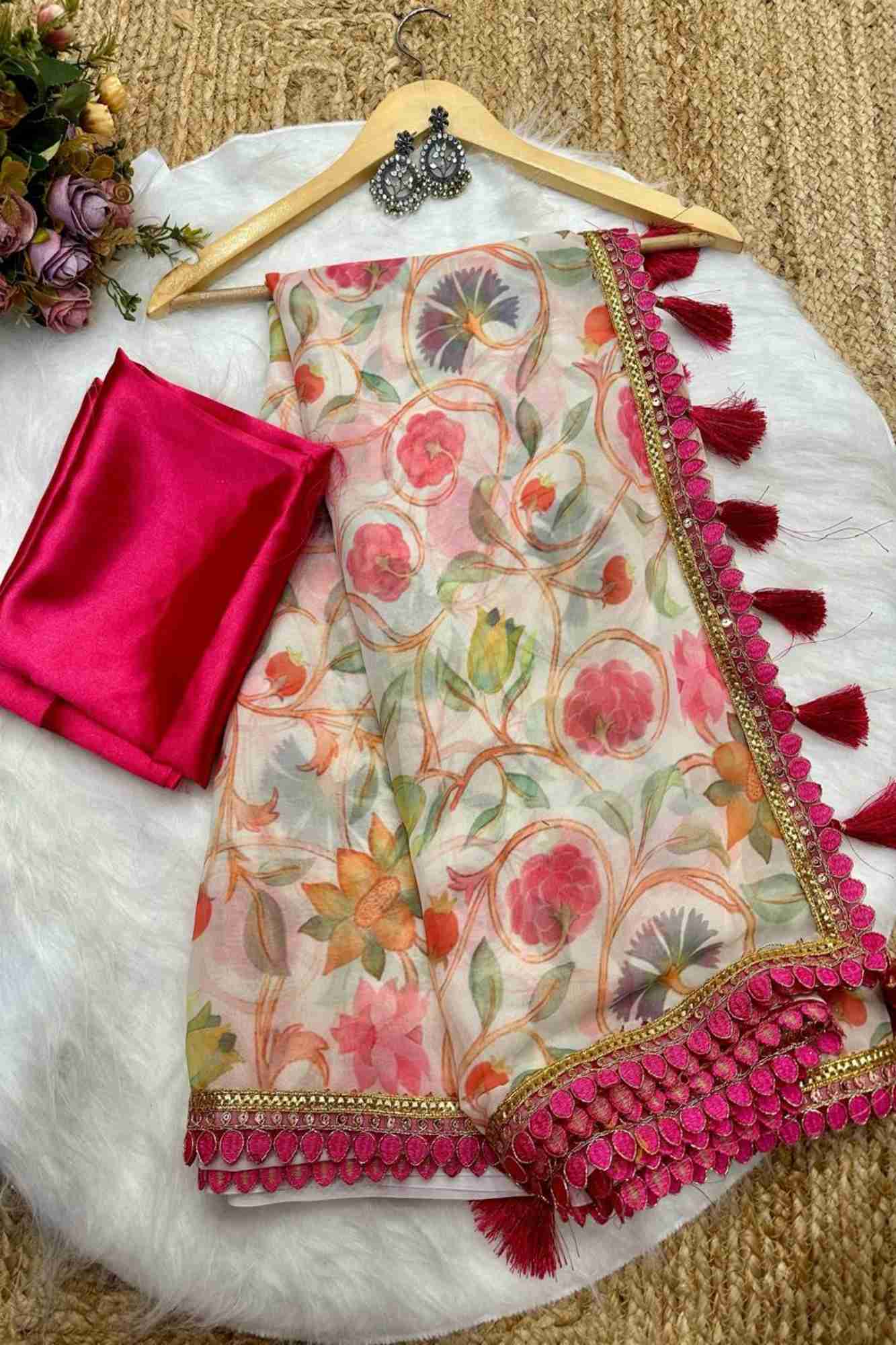 Chiffon with Floral Print and Lace Border in Off-White Ready To Wear Saree