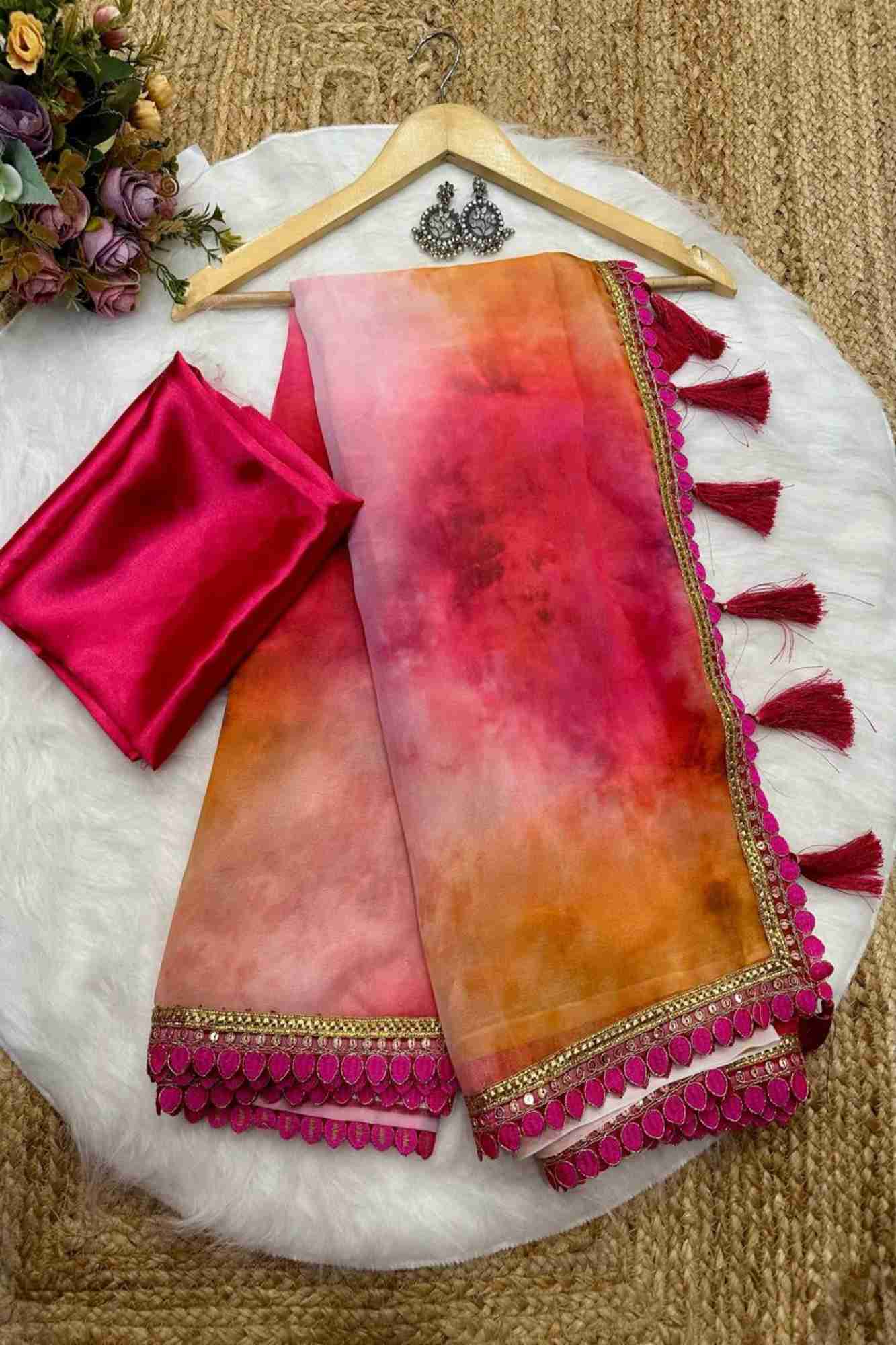 Georgette Tie-Dye in Pink, Orange, and White with Tassels Ready To Wear Saree