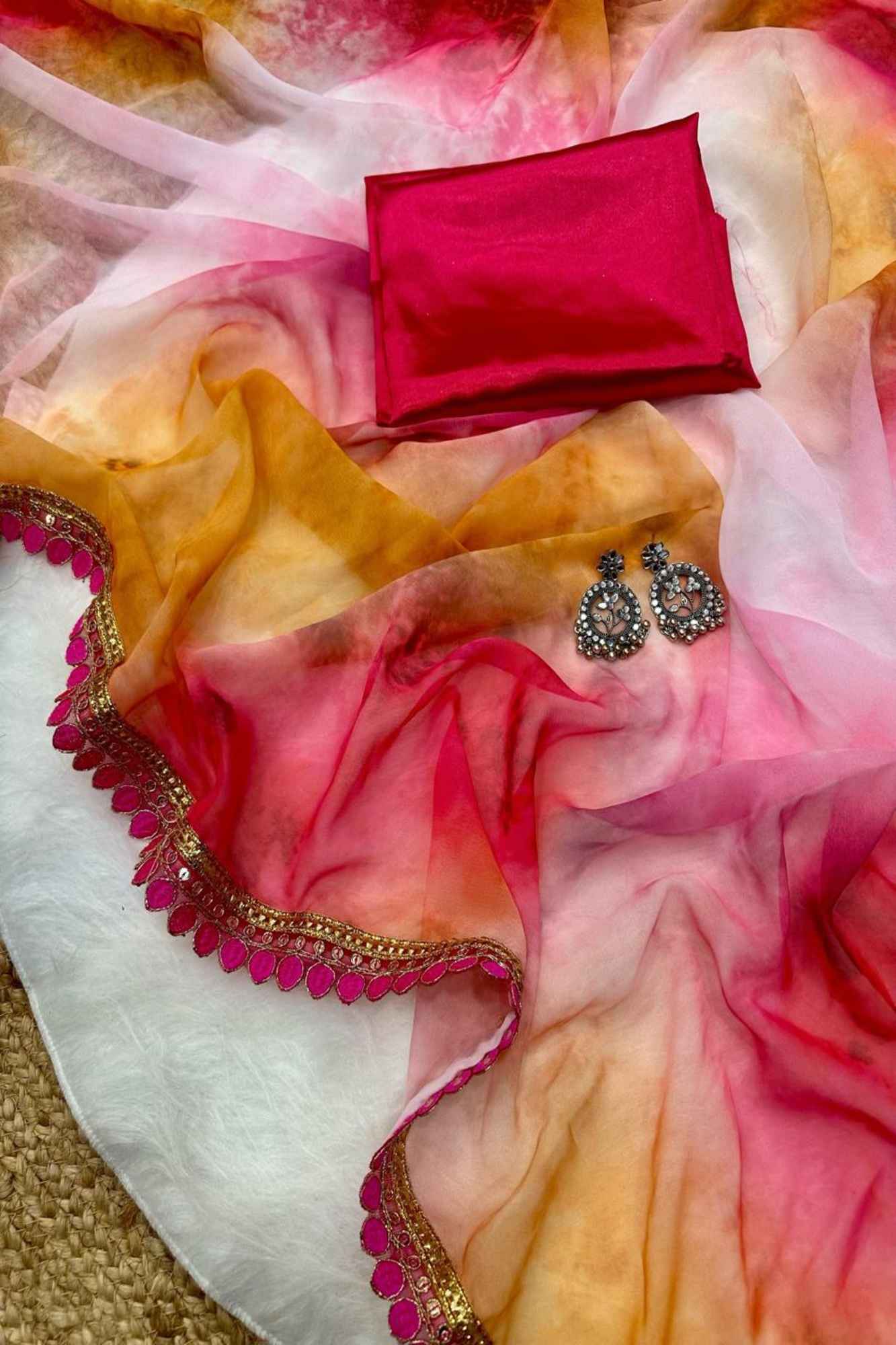 Georgette Tie-Dye in Pink, Orange, and White with Tassels Ready To Wear Saree