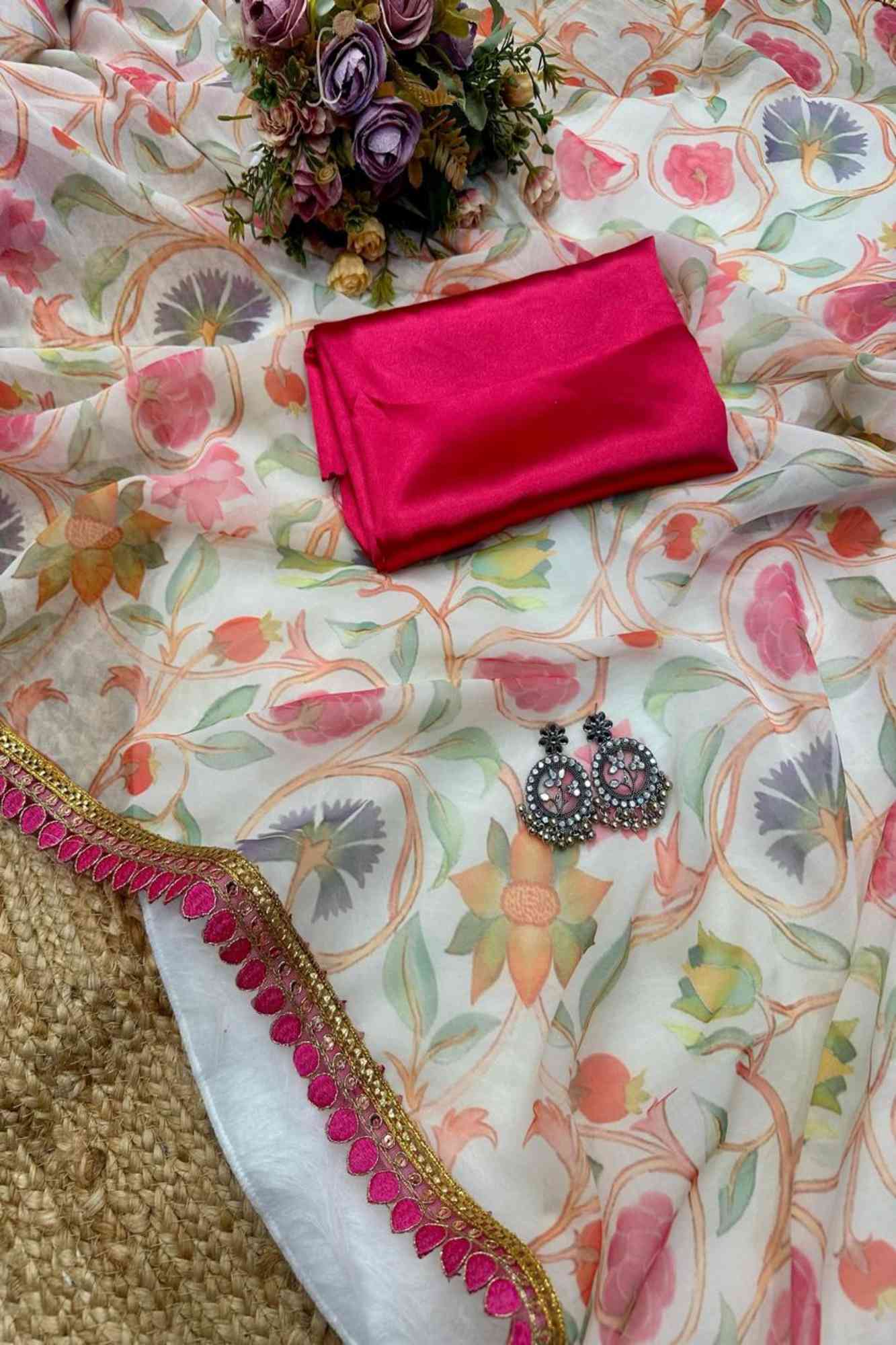 Chiffon with Floral Print and Lace Border in Off-White Ready To Wear Saree