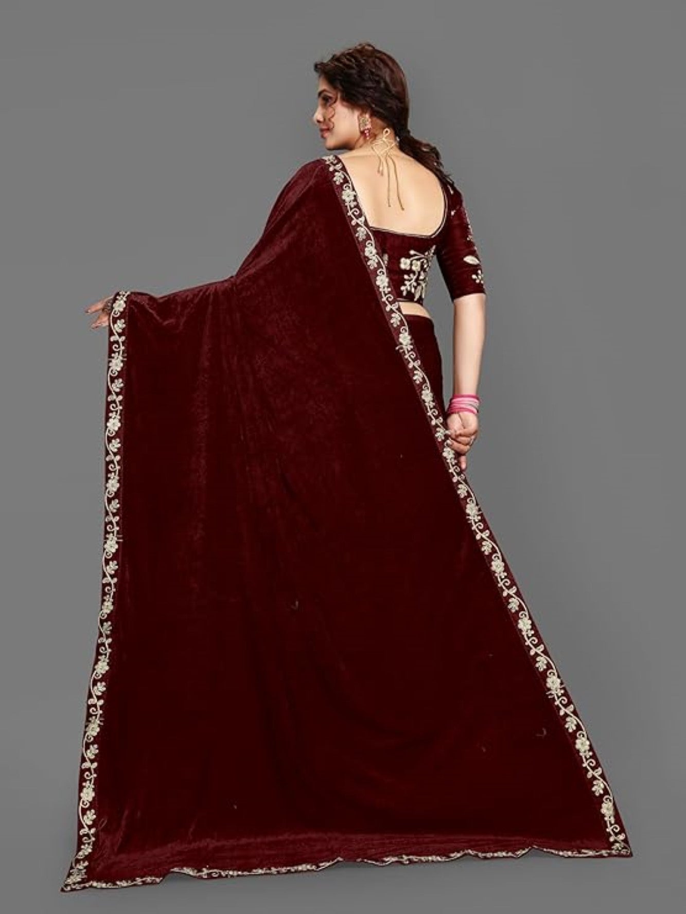 Velvet Embroidered Saree with Sequins Cording Lace Border Ready To Wear Saree with stitched blouse