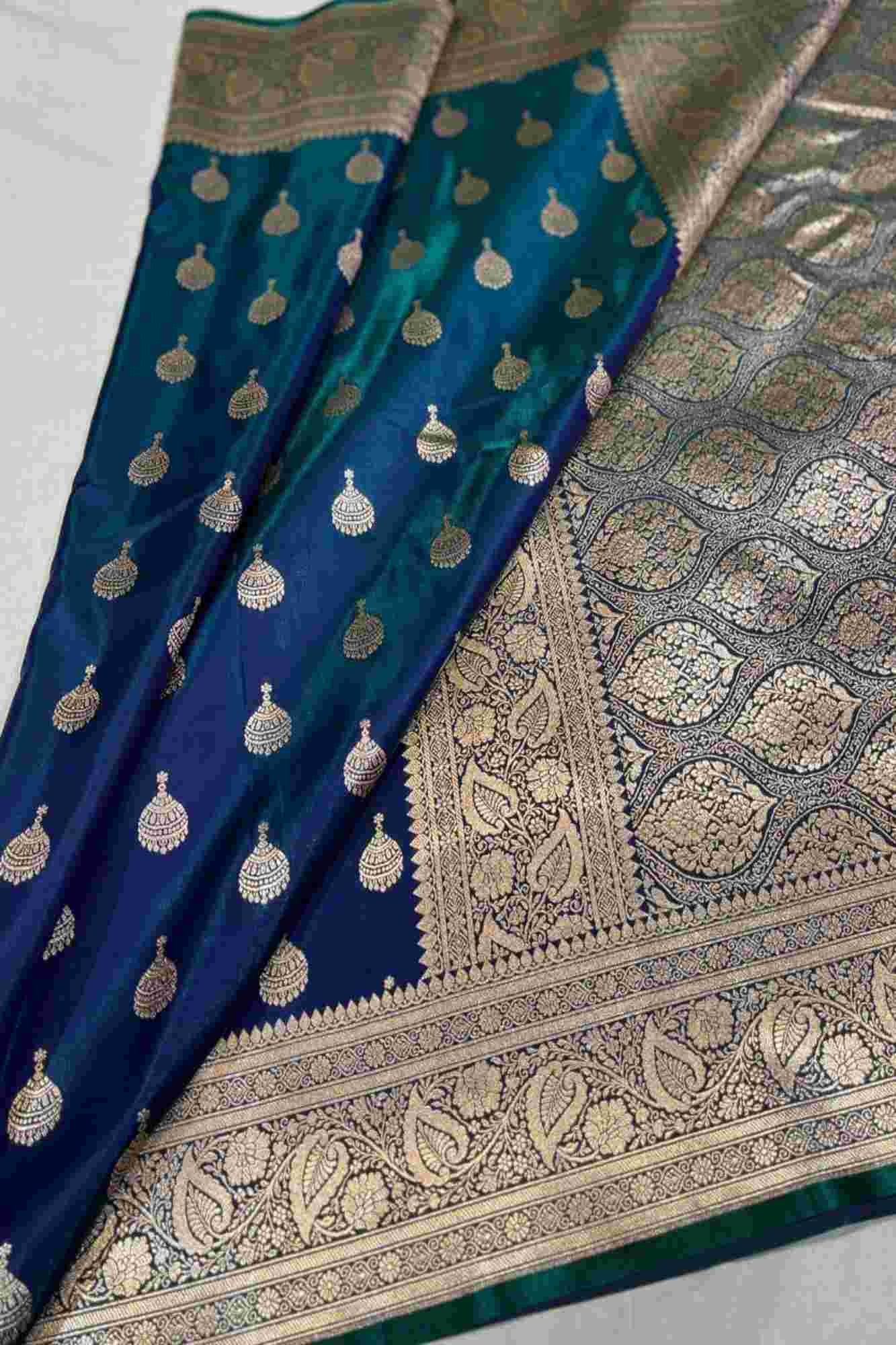 Pure Mashru Katan Silk with Zari Jhumka Butta and Intricate Brocade Pallu Ready To Wear Saree