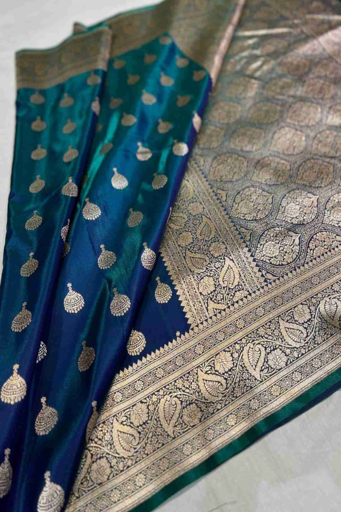 Pure Mashru Katan Silk with Zari Jhumka Butta and Intricate Brocade Pallu Ready To Wear Saree