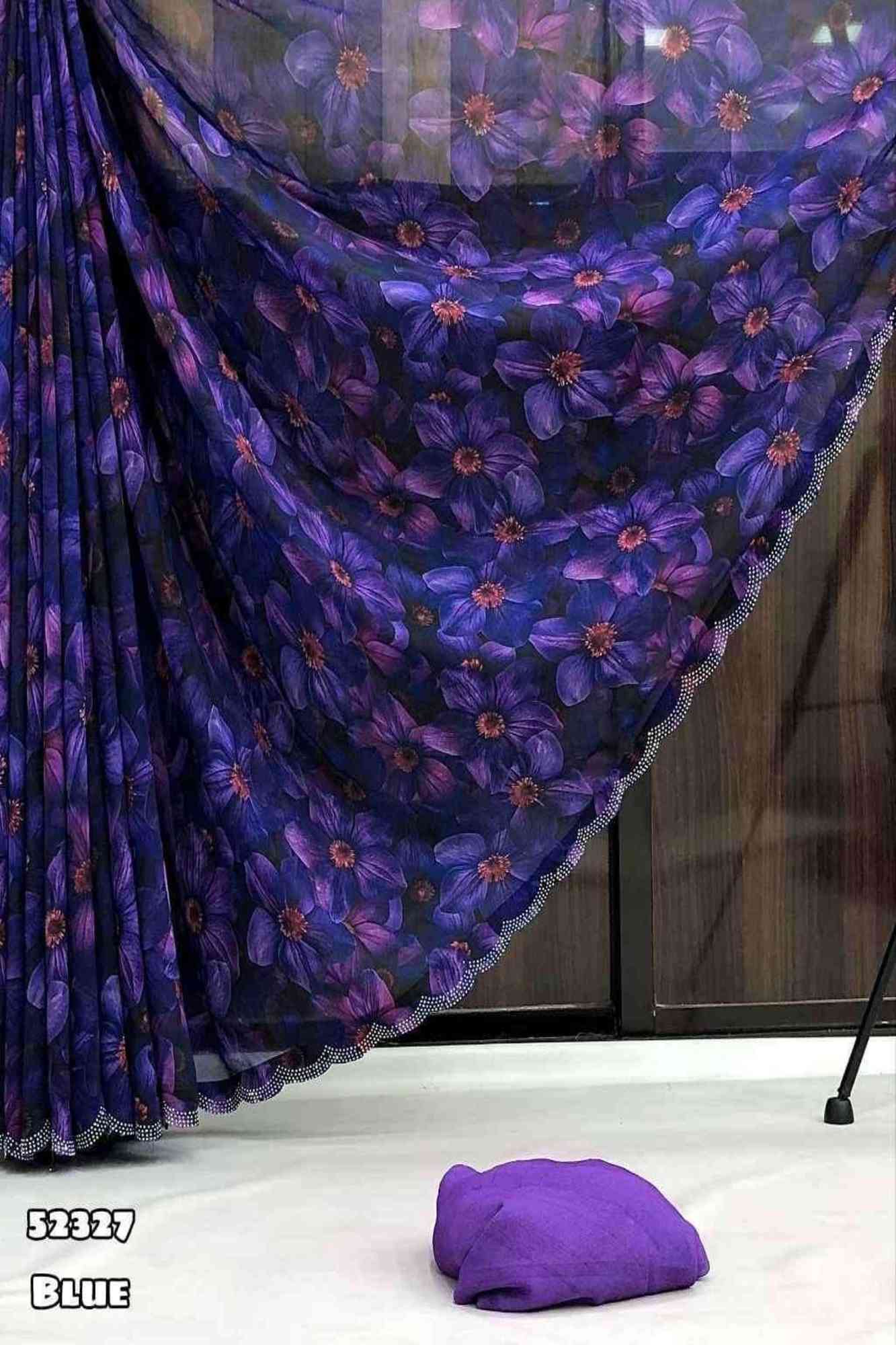 Purple Chiffon Floral Printed with Scalloped Embellished Border Ready To Wear Saree
