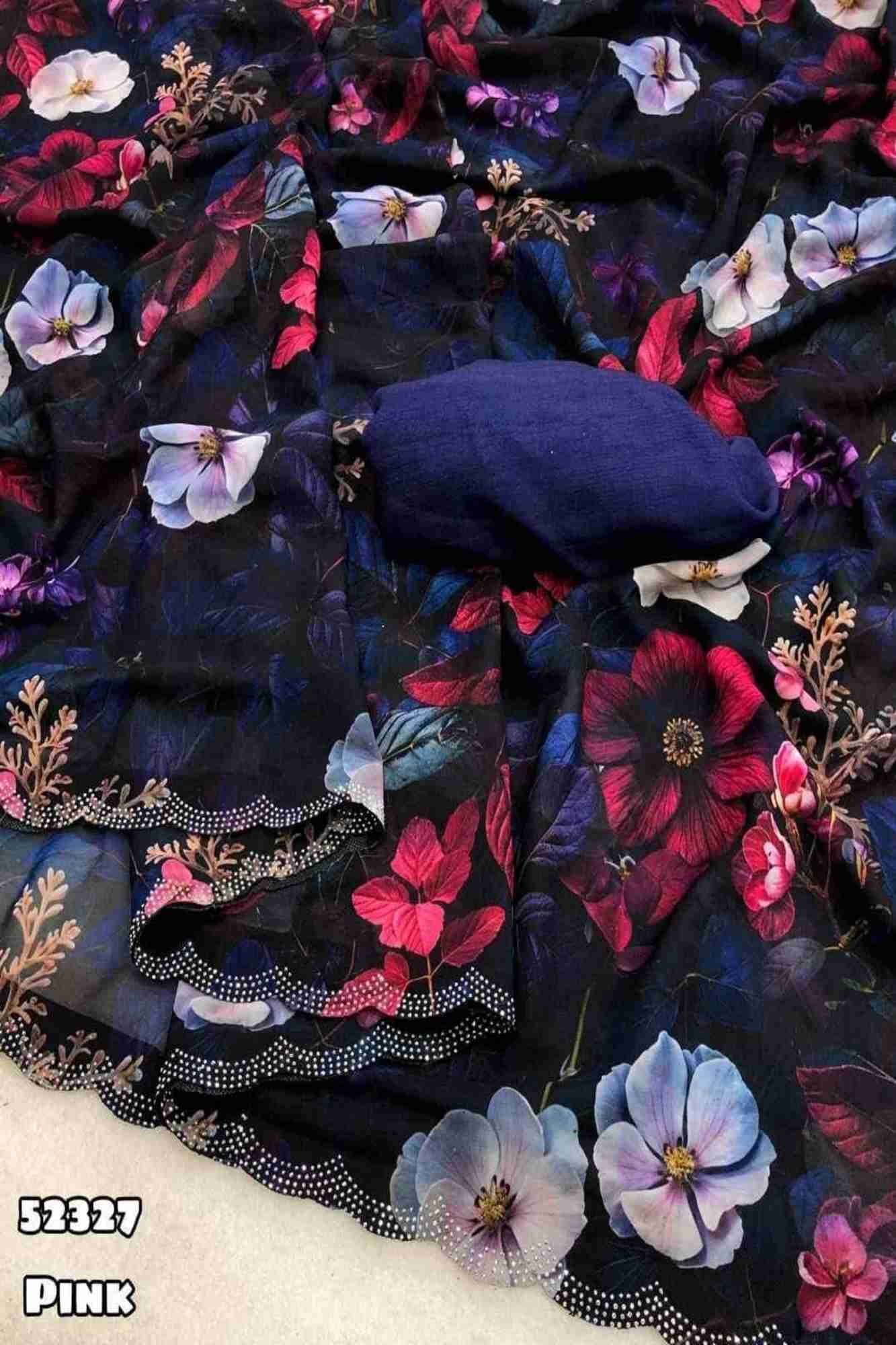 Chiffon Digital Floral Printed with Scalloped Embellished Border Ready To Wear Saree