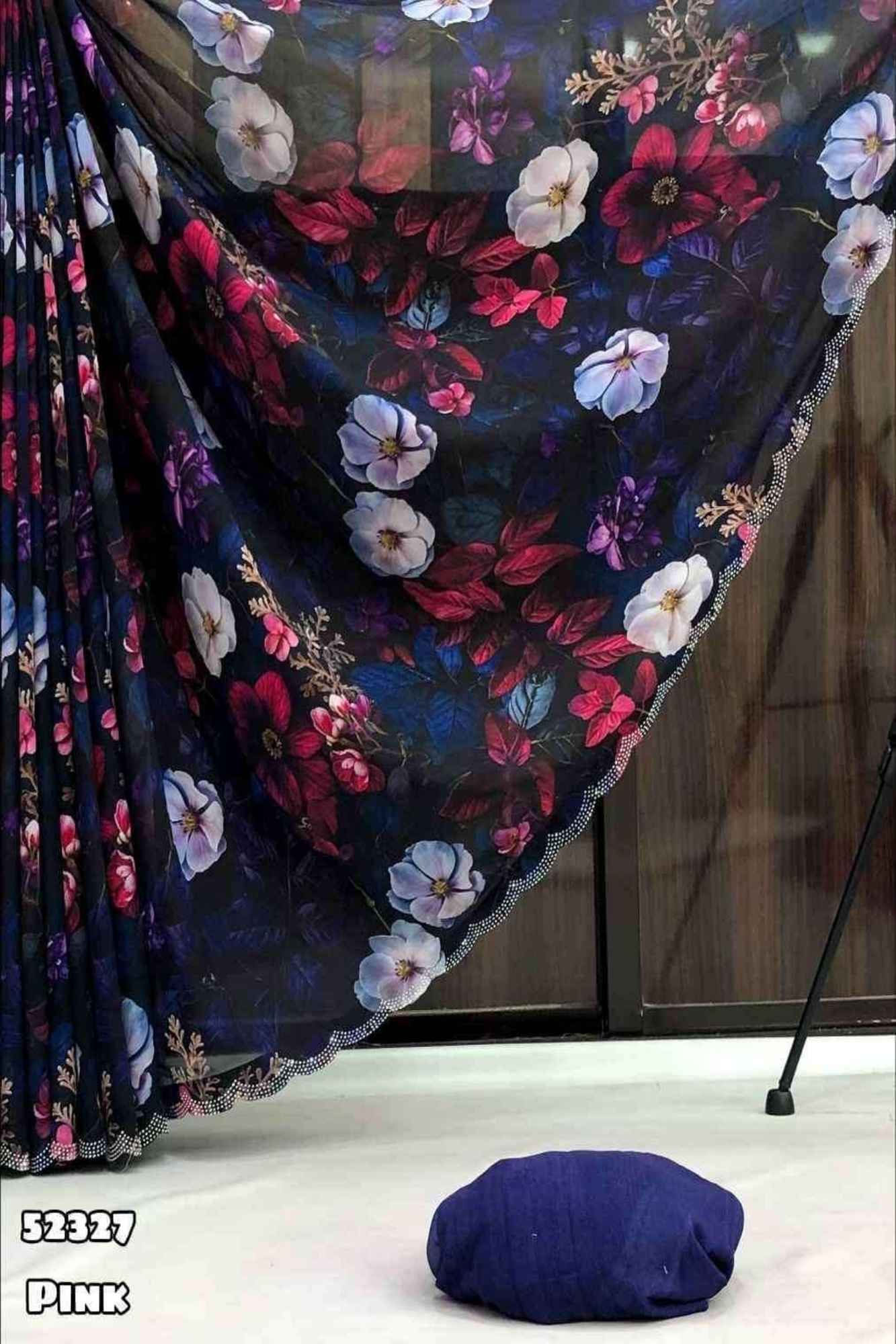 Chiffon Digital Floral Printed with Scalloped Embellished Border Ready To Wear Saree