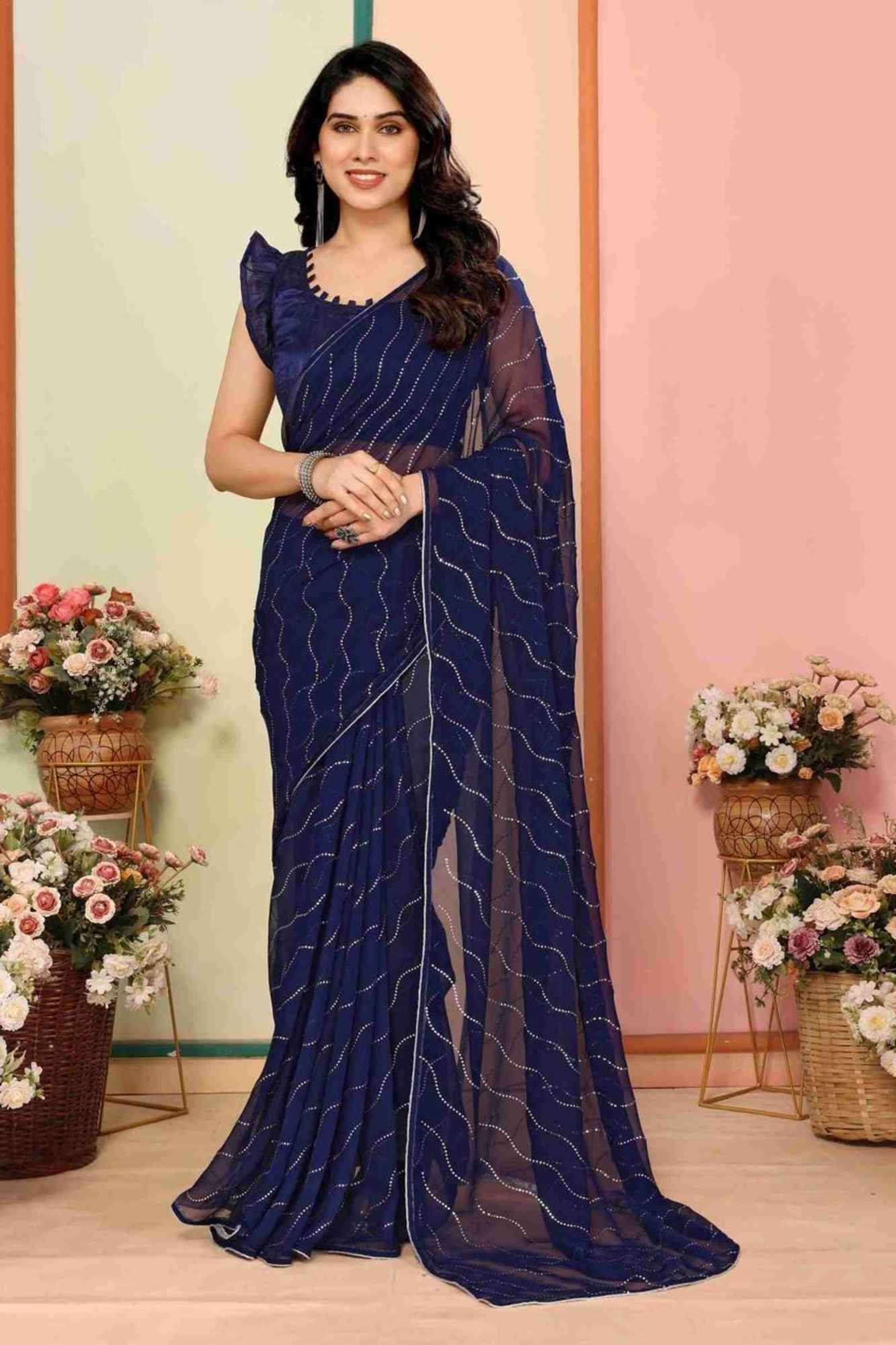 Navy Blue Soft Georgette Wave Embellishments Ready to Wear Saree