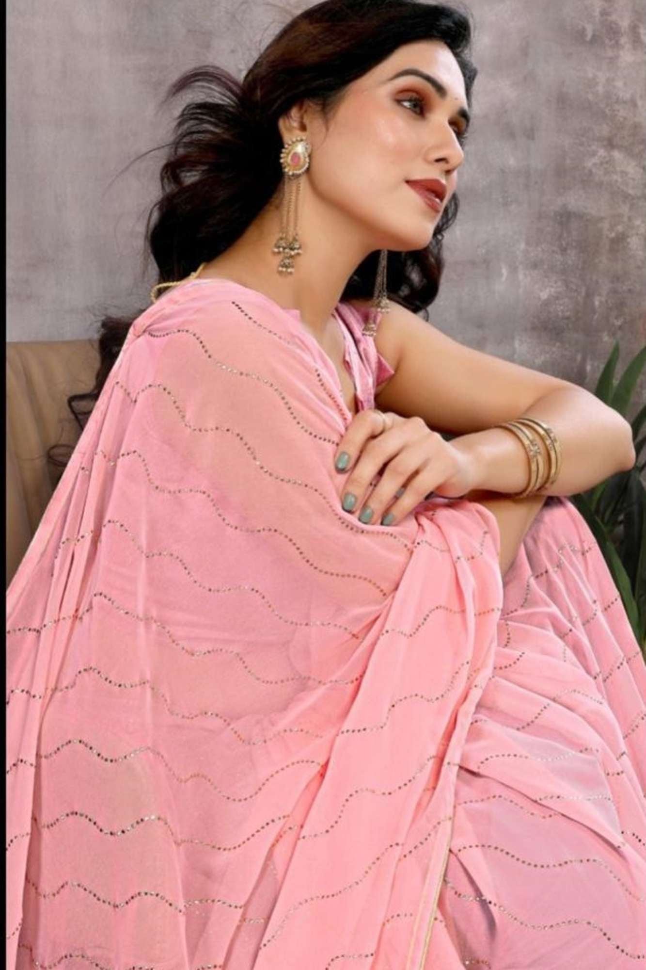Soft Georgette Pink with Floral Accents Ready To Wear Saree
