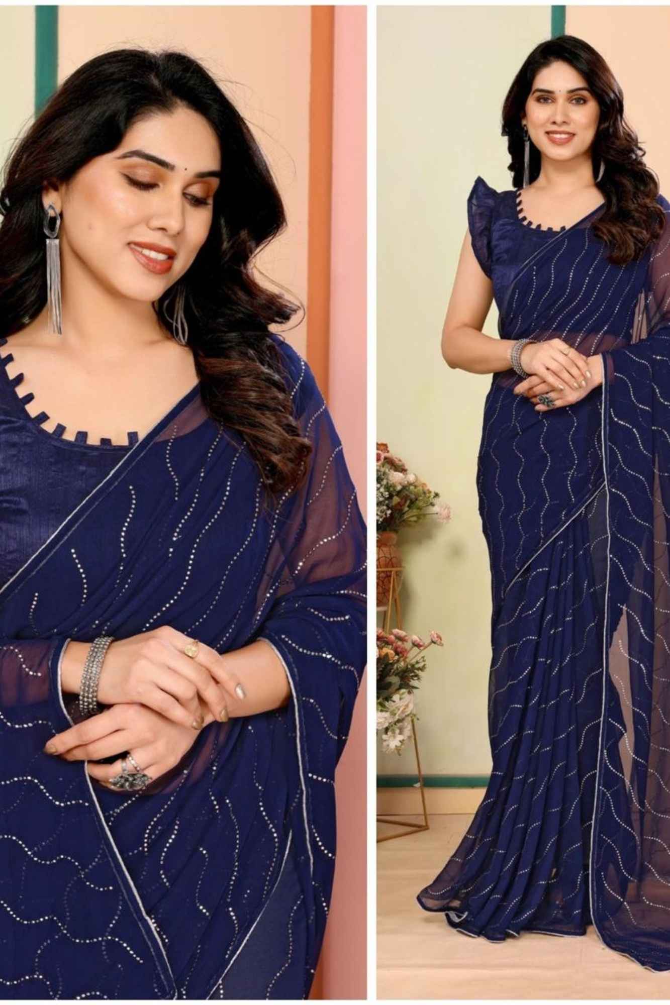 Navy Blue Soft Georgette Wave Embellishments Ready to Wear Saree