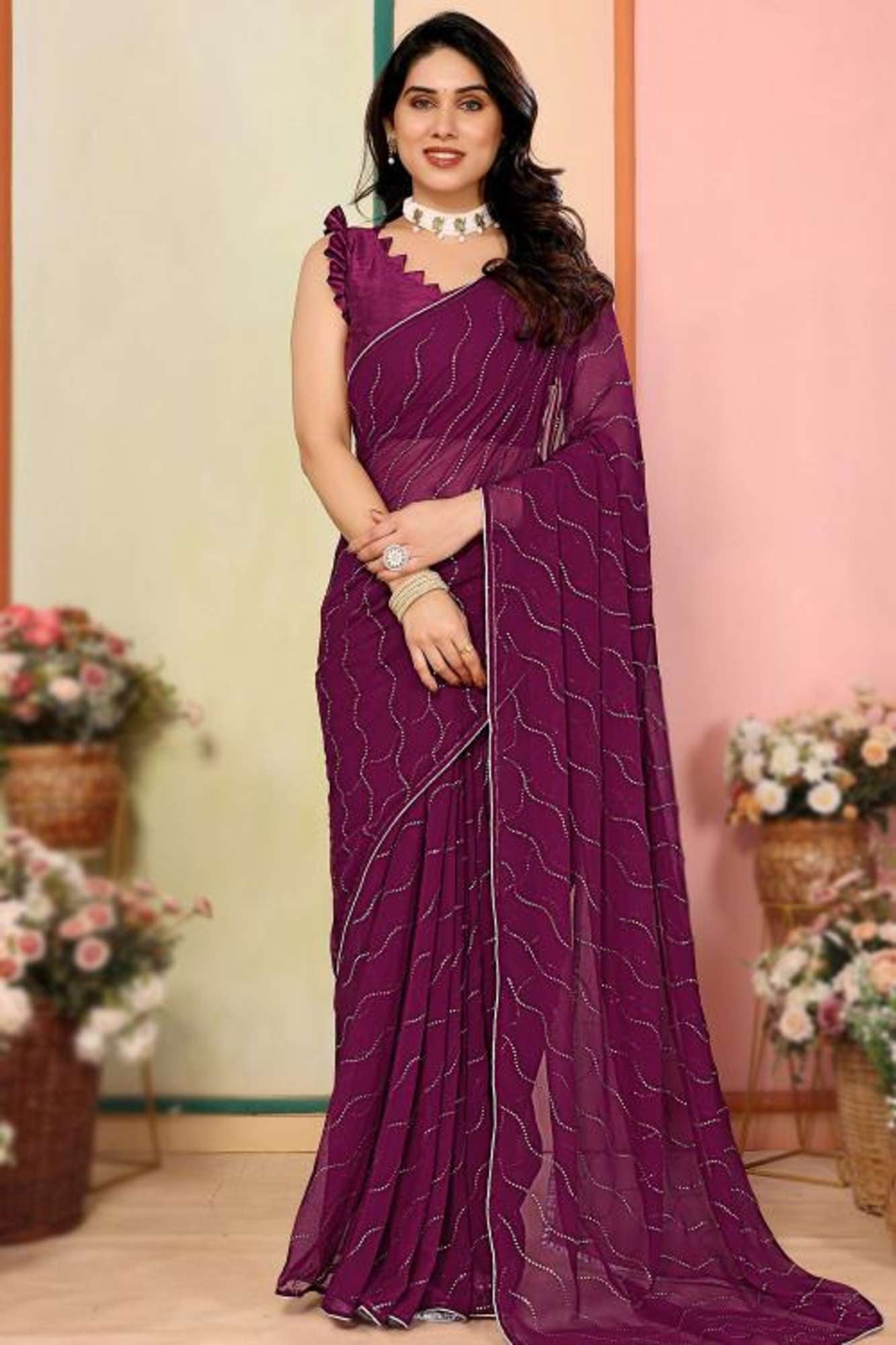 Soft Georgette Purple with Elegant Wave Embellishments Ready To Wear Saree
