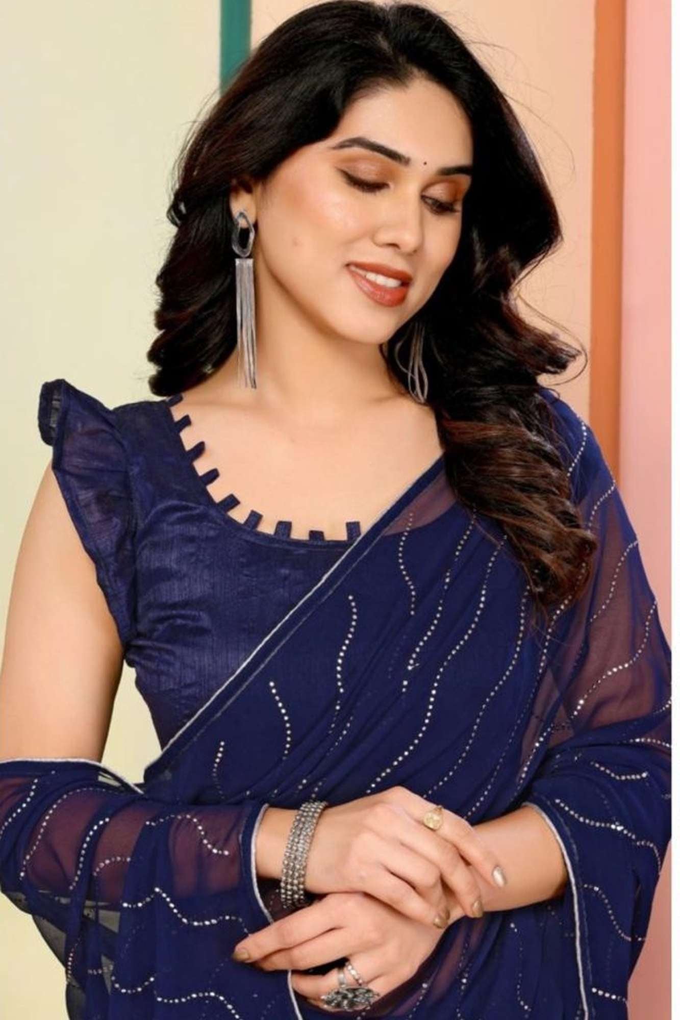 Navy Blue Soft Georgette Wave Embellishments Ready to Wear Saree