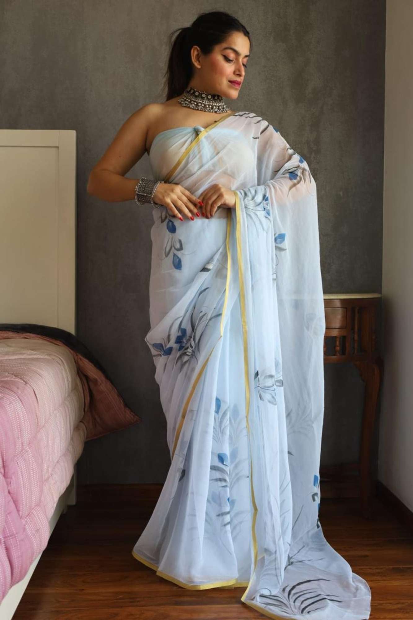 White Chiffon with Blue Floral Prints & Gilded Edge Ready To Wear Saree