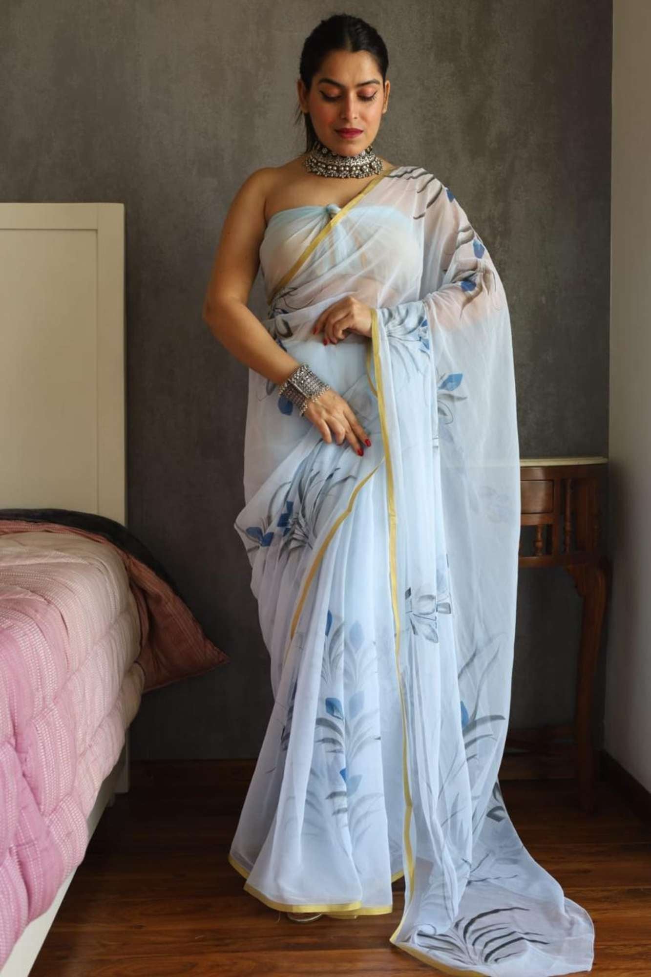 White Chiffon with Blue Floral Prints & Gilded Edge Ready To Wear Saree
